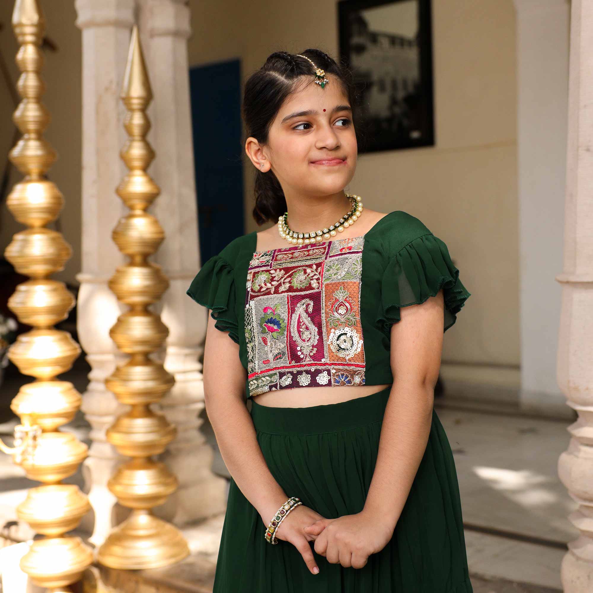 Twinkle In Green Kids Georgette Embroidered Lehenga Set