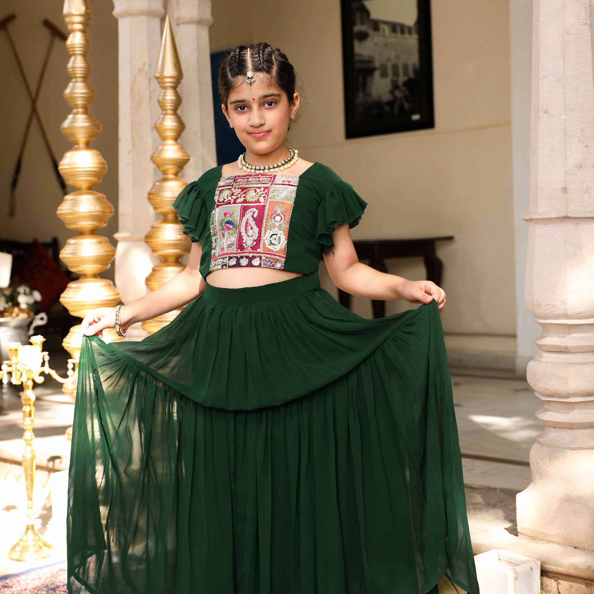 Twinkle In Green Kids Georgette Embroidered Lehenga Set