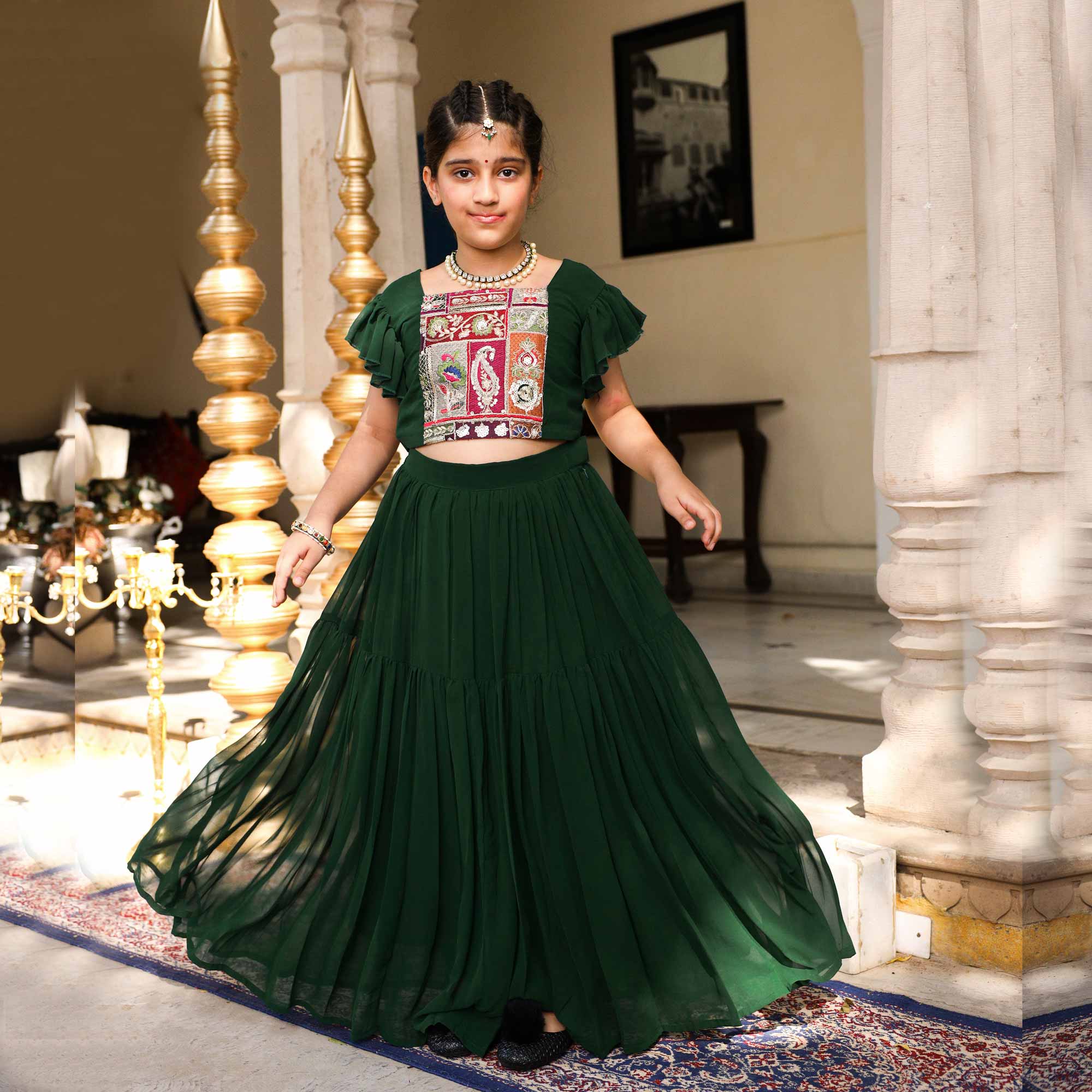 Twinkle In Green Kids Georgette Embroidered Lehenga Set