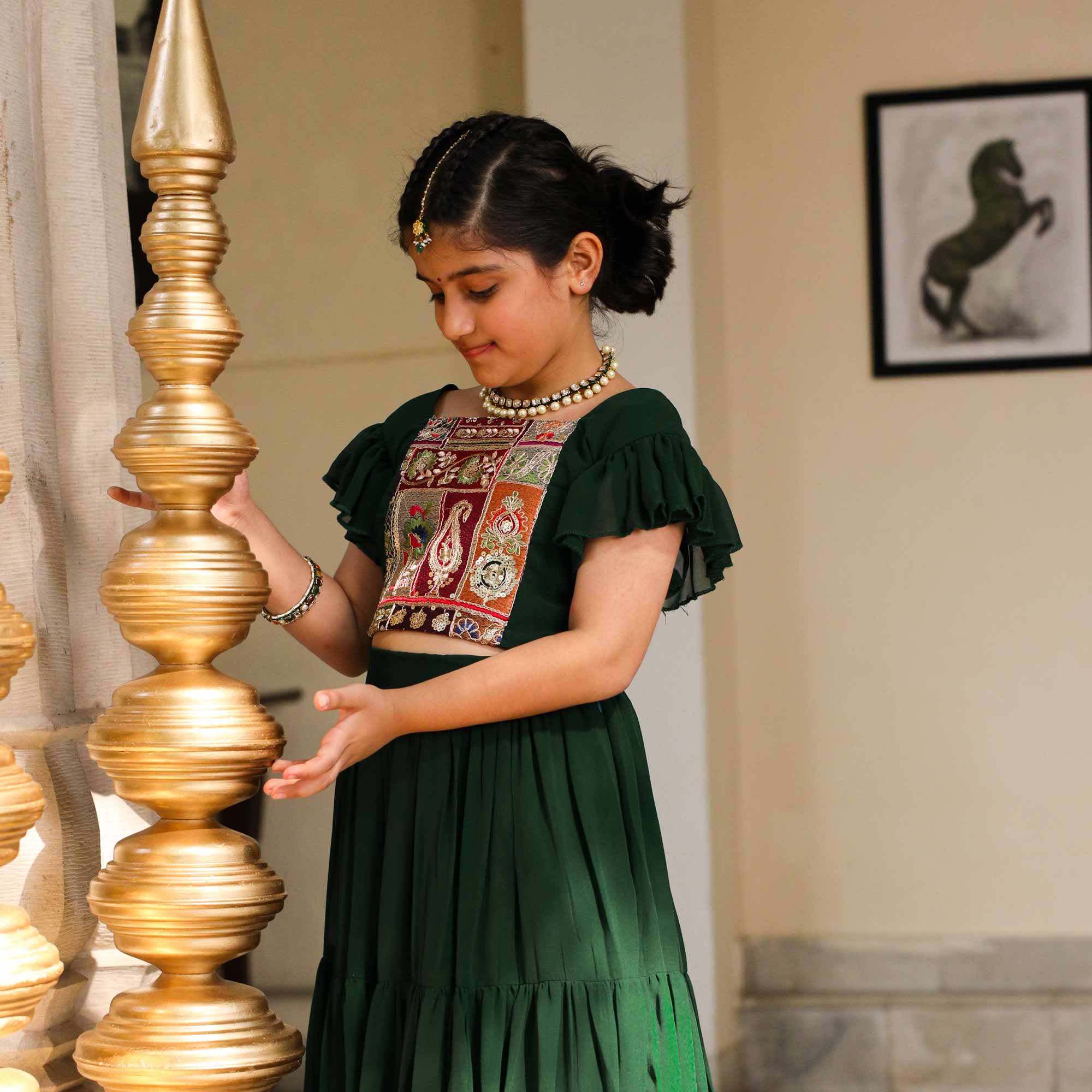 Twinkle In Green Kids Georgette Embroidered Lehenga Set