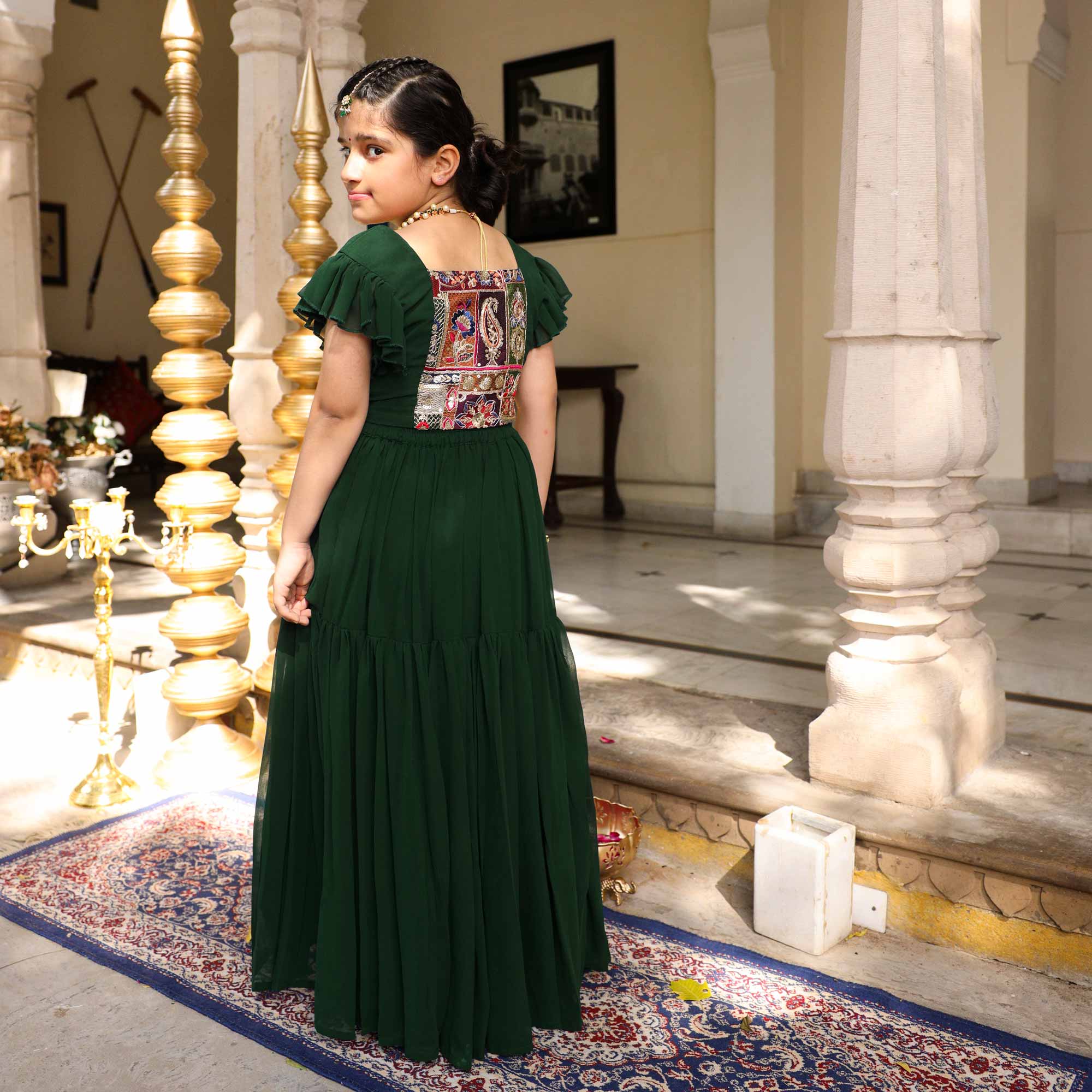 Twinkle In Green Kids Georgette Embroidered Lehenga Set