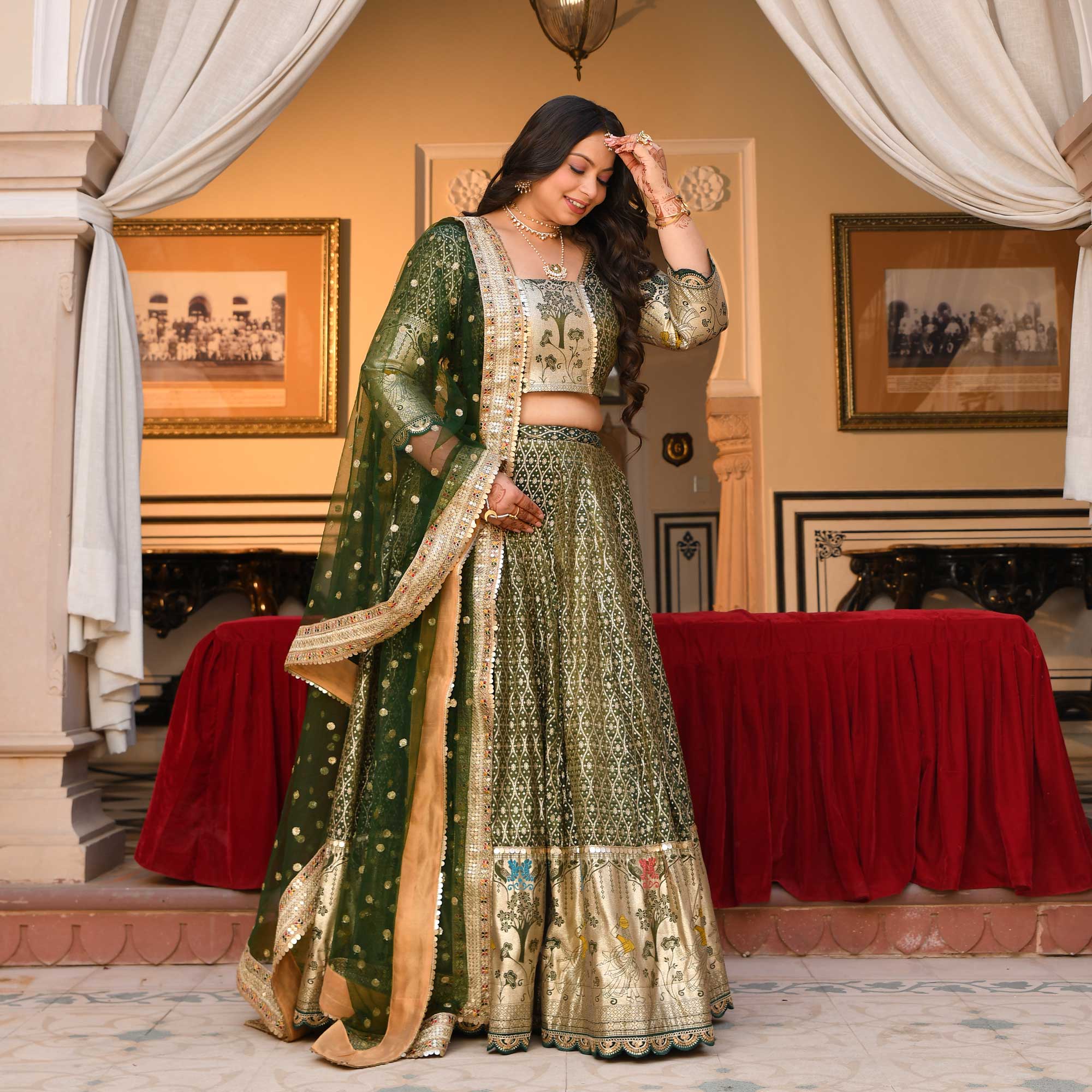 Harini- Mehendi green Banarasi Silk Lehenga Set