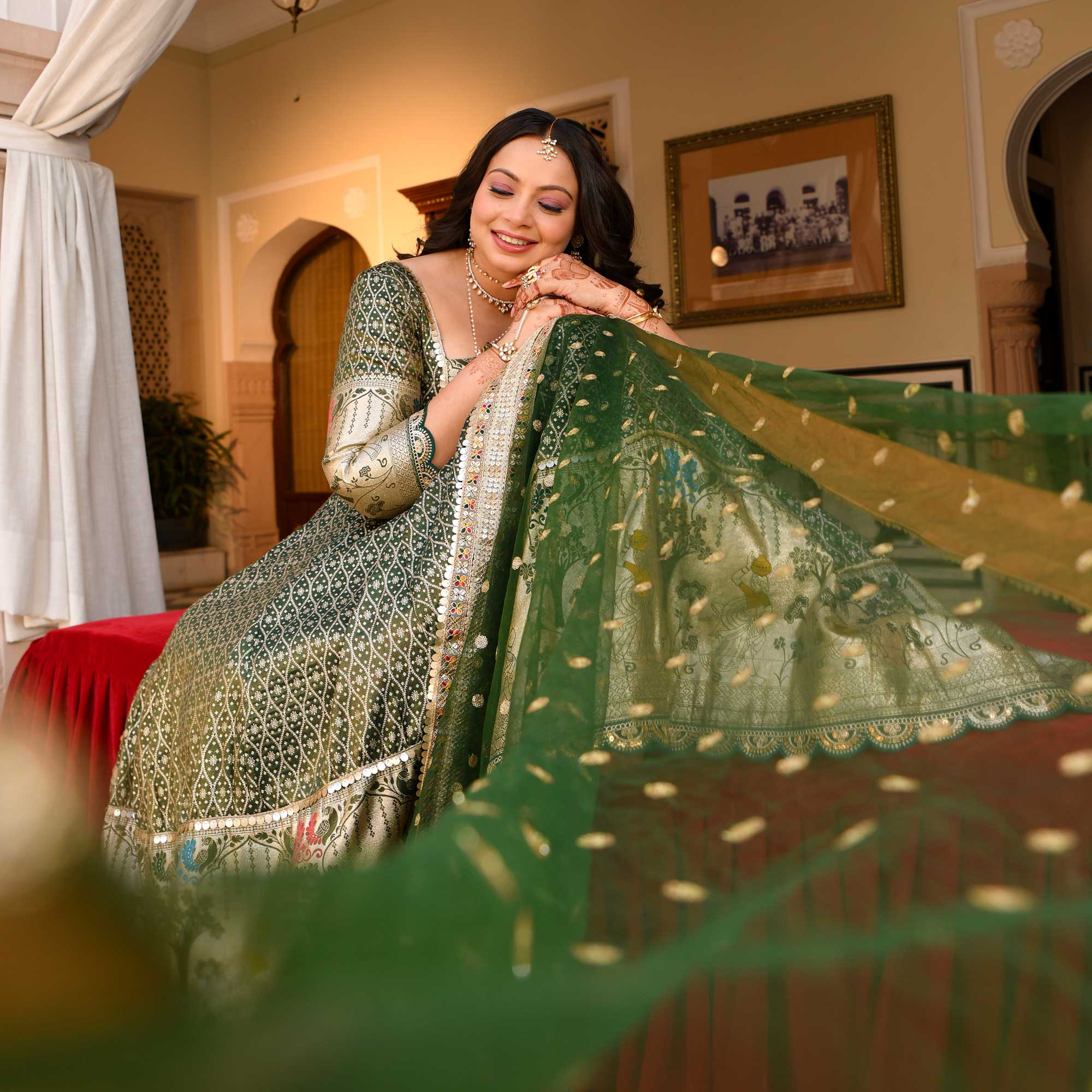 Harini- Mehendi green Banarasi Silk Lehenga Set
