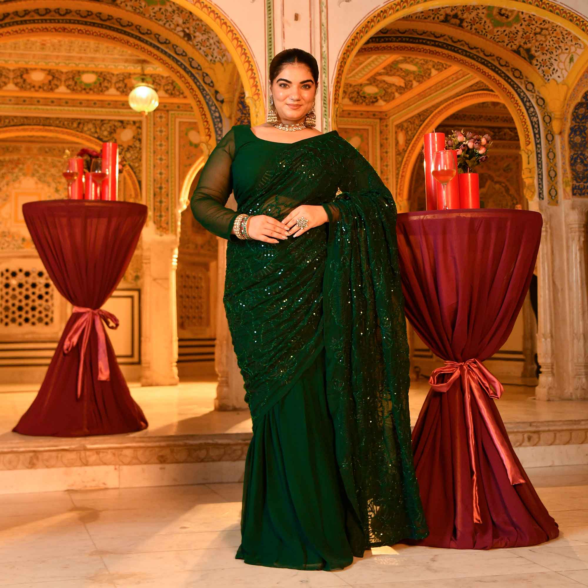 Olivia- Bottle Green Georgette Cutdana Embroidered Drape Saree Set