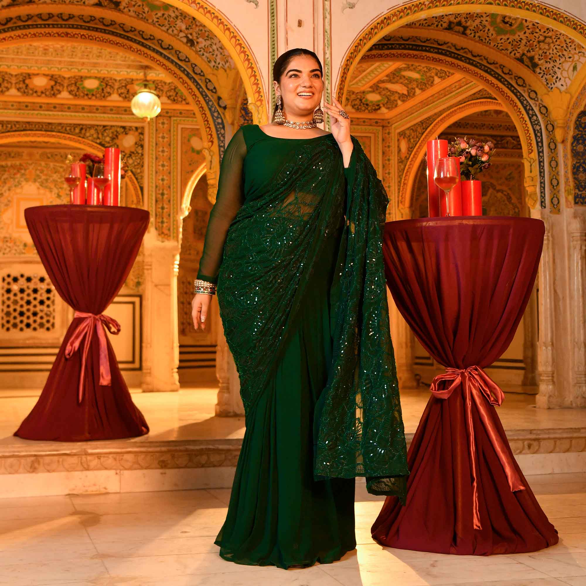 Olivia- Bottle Green Georgette Cutdana Embroidered Drape Saree Set