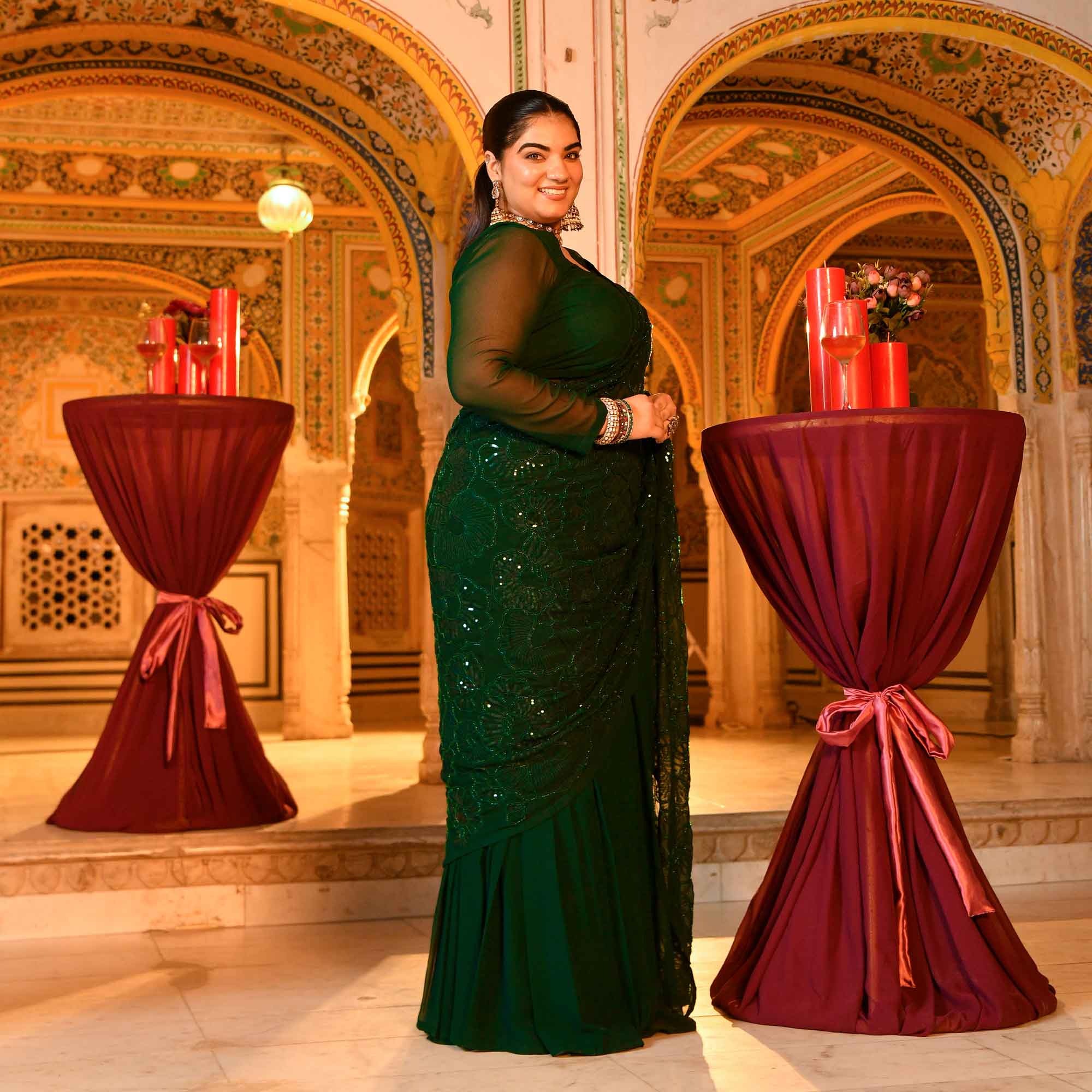 Olivia- Bottle Green Georgette Cutdana Embroidered Drape Saree Set