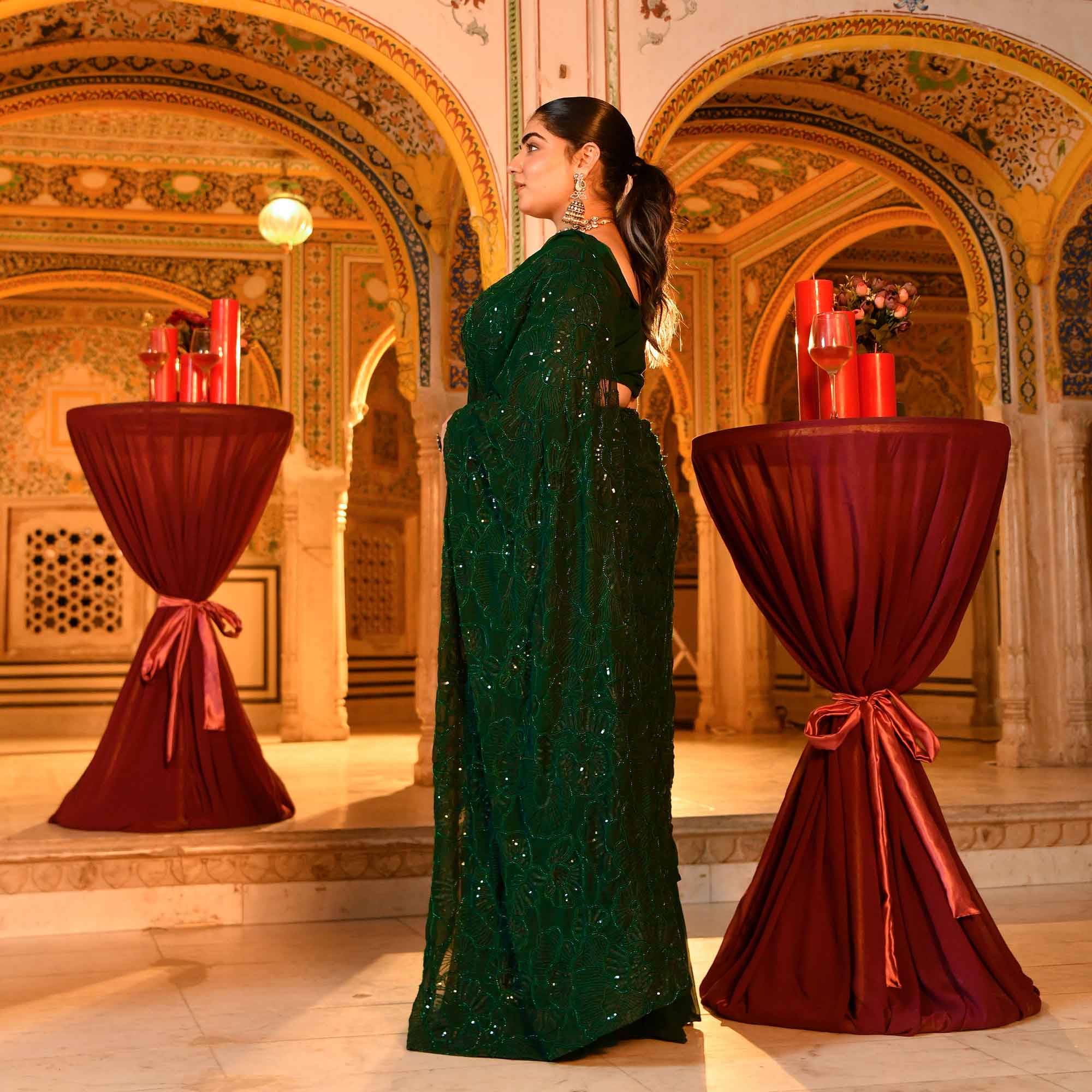 Olivia- Bottle Green Georgette Cutdana Embroidered Drape Saree Set