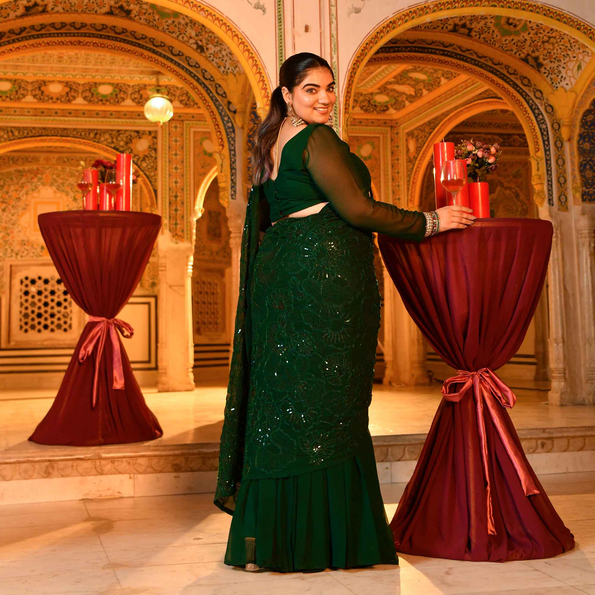 Olivia- Bottle Green Georgette Cutdana Embroidered Drape Saree Set