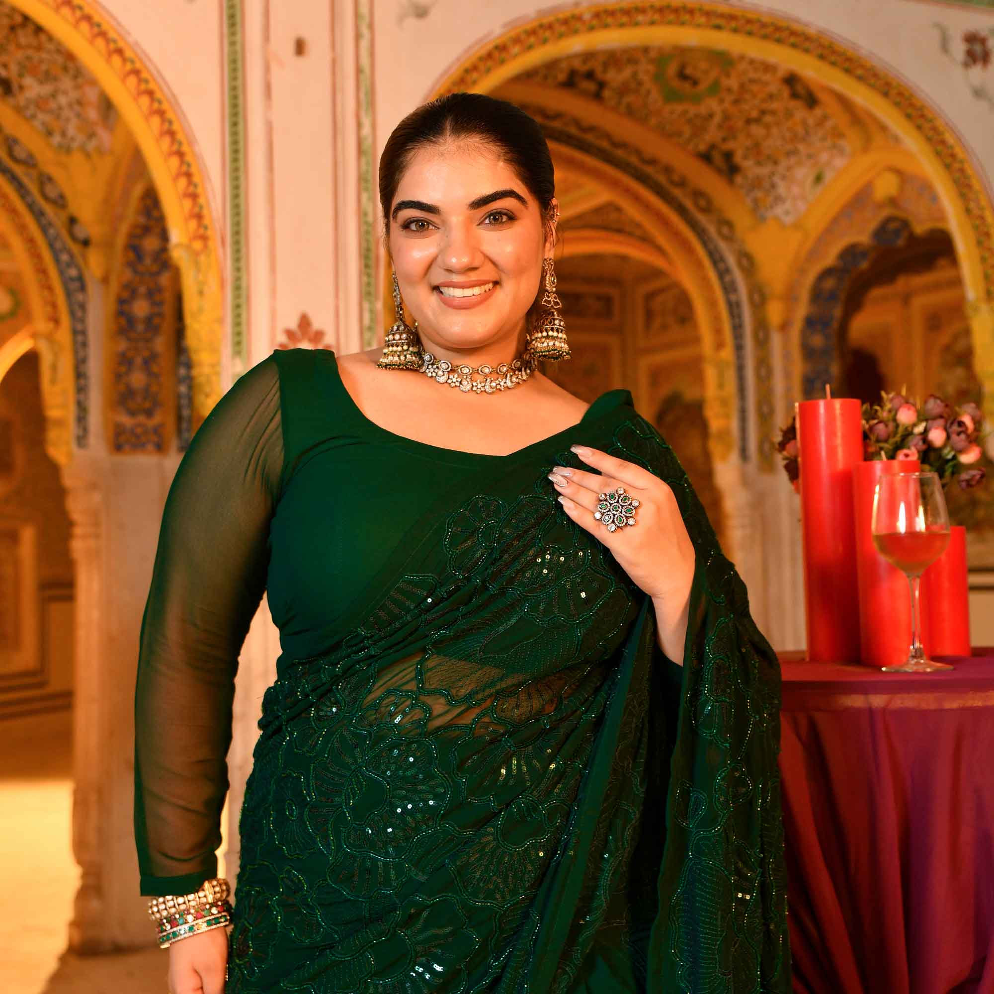 Olivia- Bottle Green Georgette Cutdana Embroidered Drape Saree Set