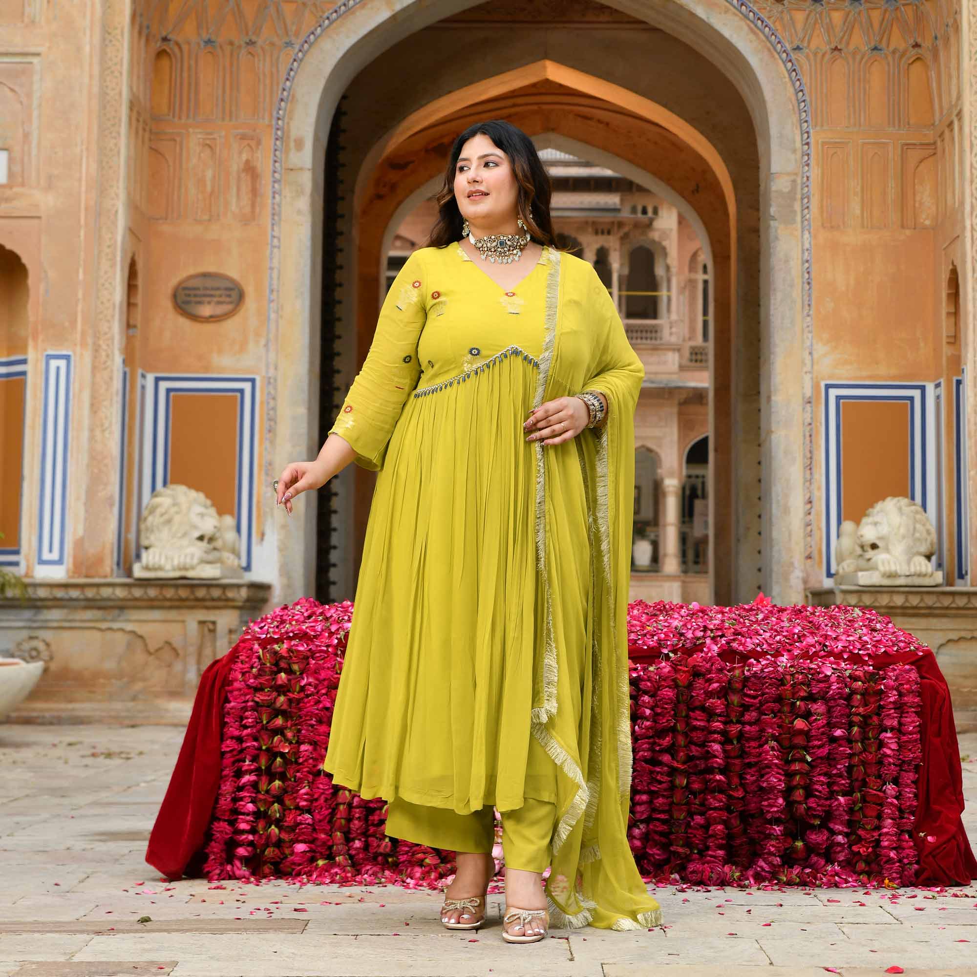 Jhoomar - Lime Green Banarasi Pure Georgette Alia Cut Suit Set