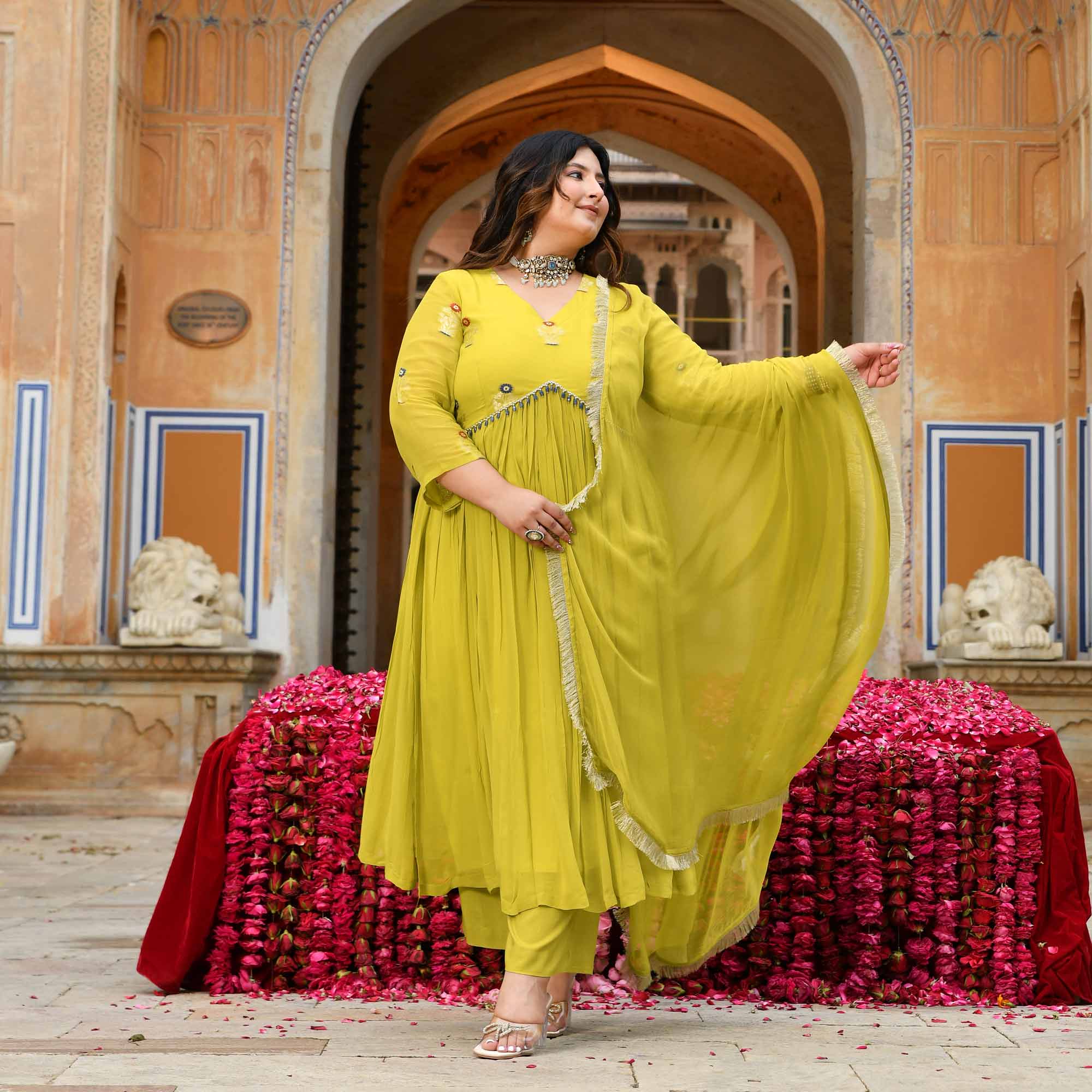 Jhoomar - Lime Green Banarasi Pure Georgette Alia Cut Suit Set
