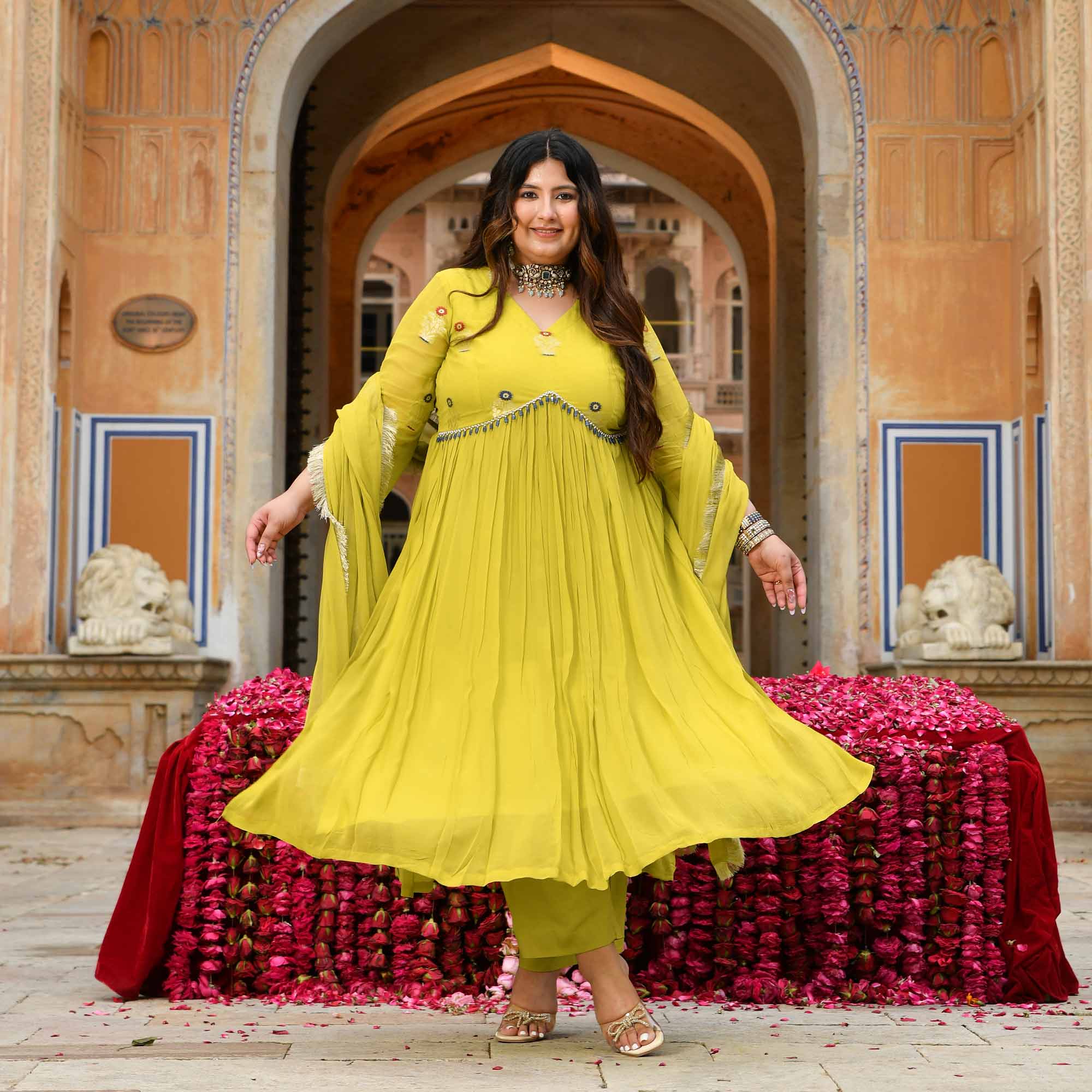 Jhoomar - Lime Green Banarasi Pure Georgette Alia Cut Suit Set