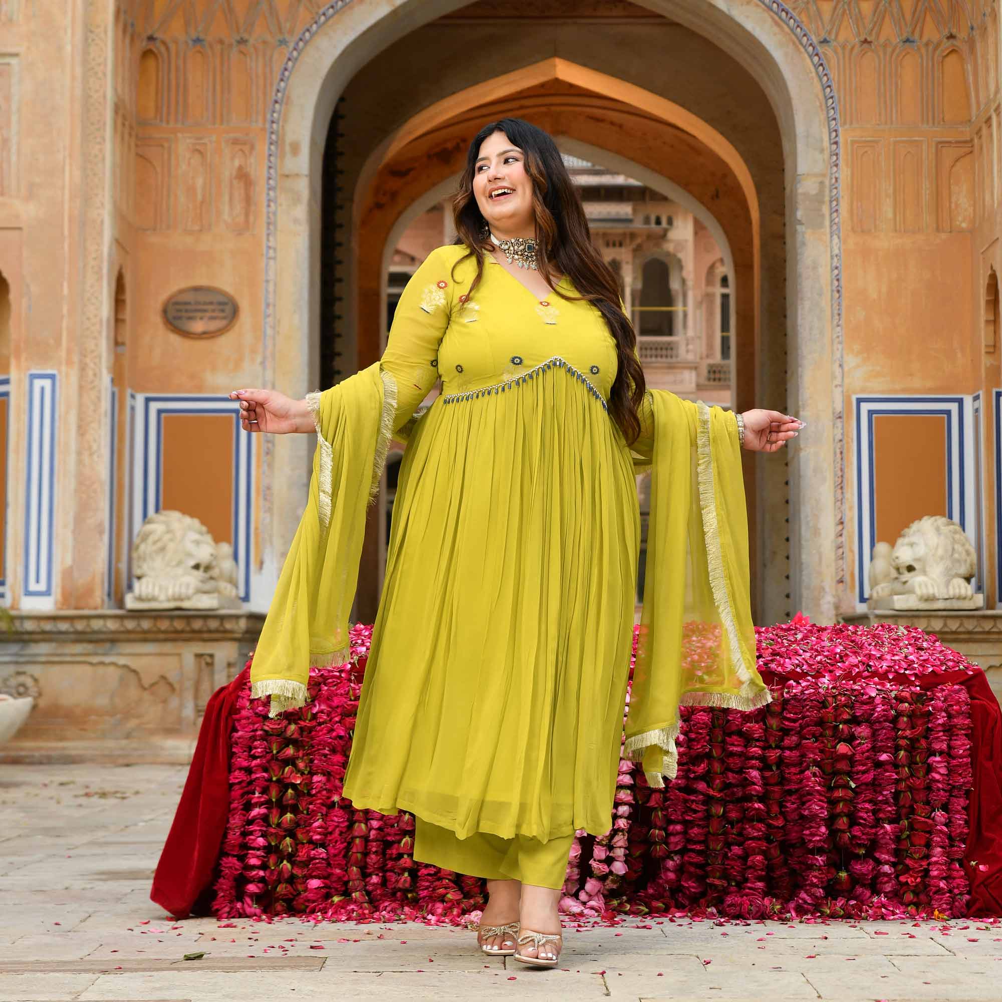 Jhoomar - Lime Green Banarasi Pure Georgette Alia Cut Suit Set