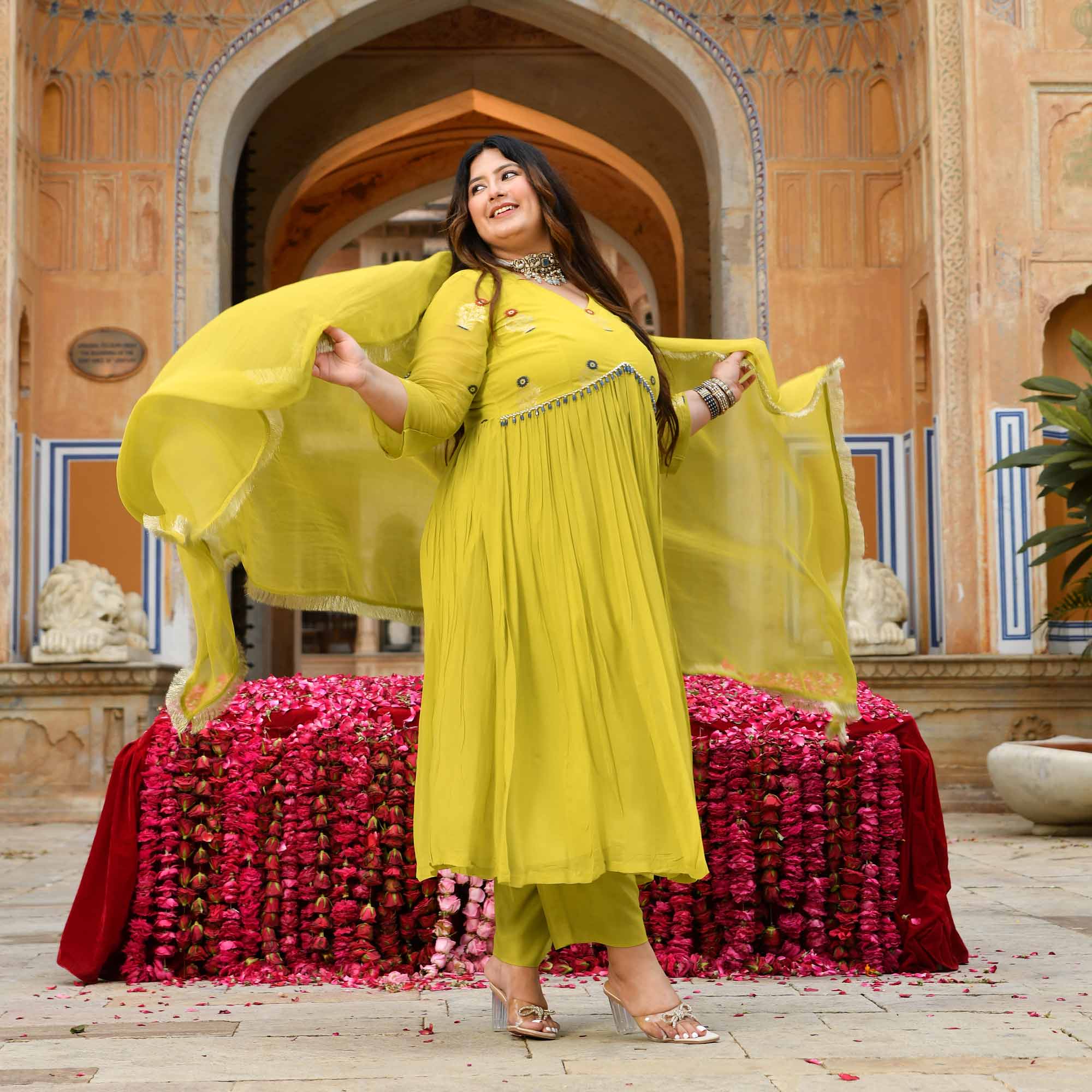 Jhoomar - Lime Green Banarasi Pure Georgette Alia Cut Suit Set