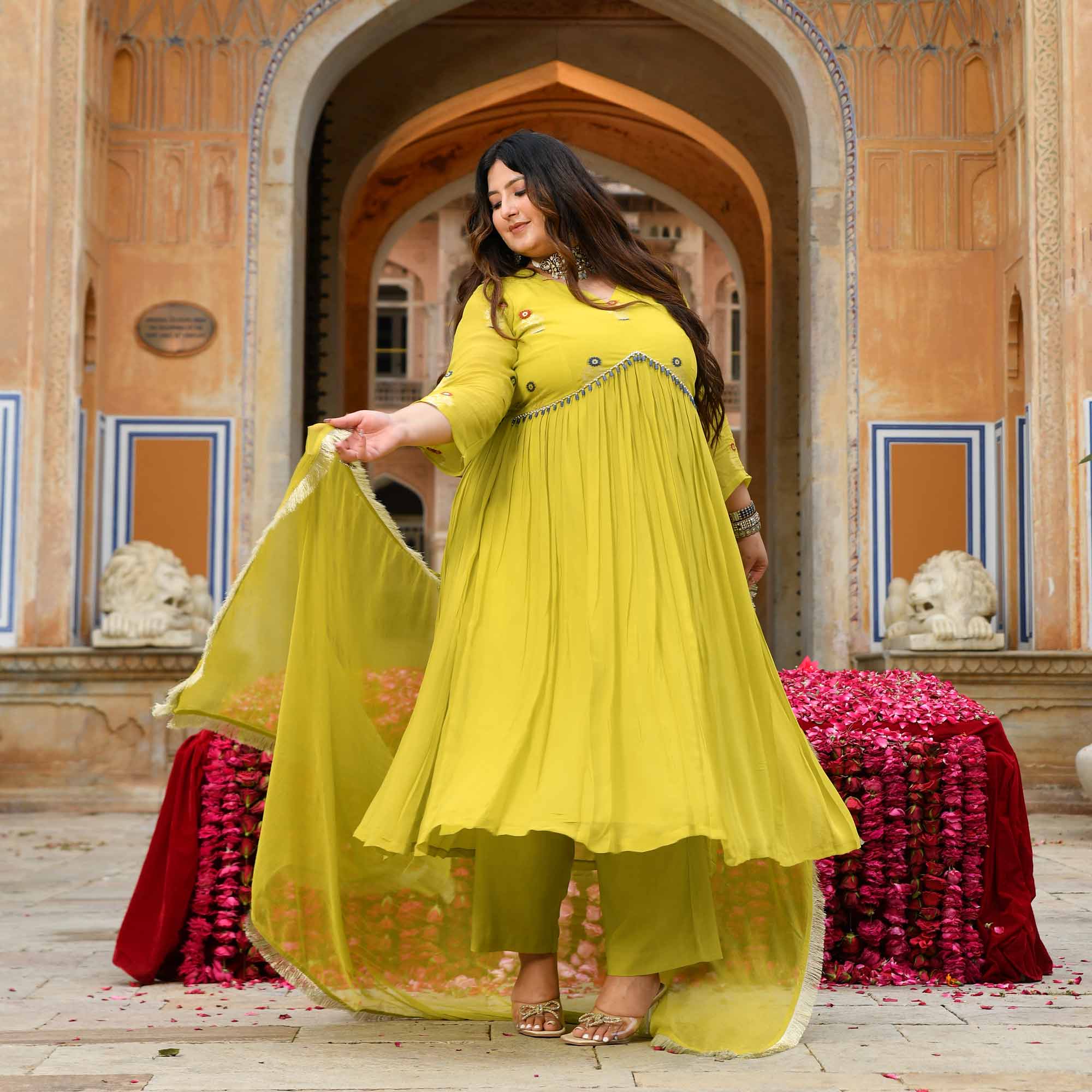 Jhoomar - Lime Green Banarasi Pure Georgette Alia Cut Suit Set