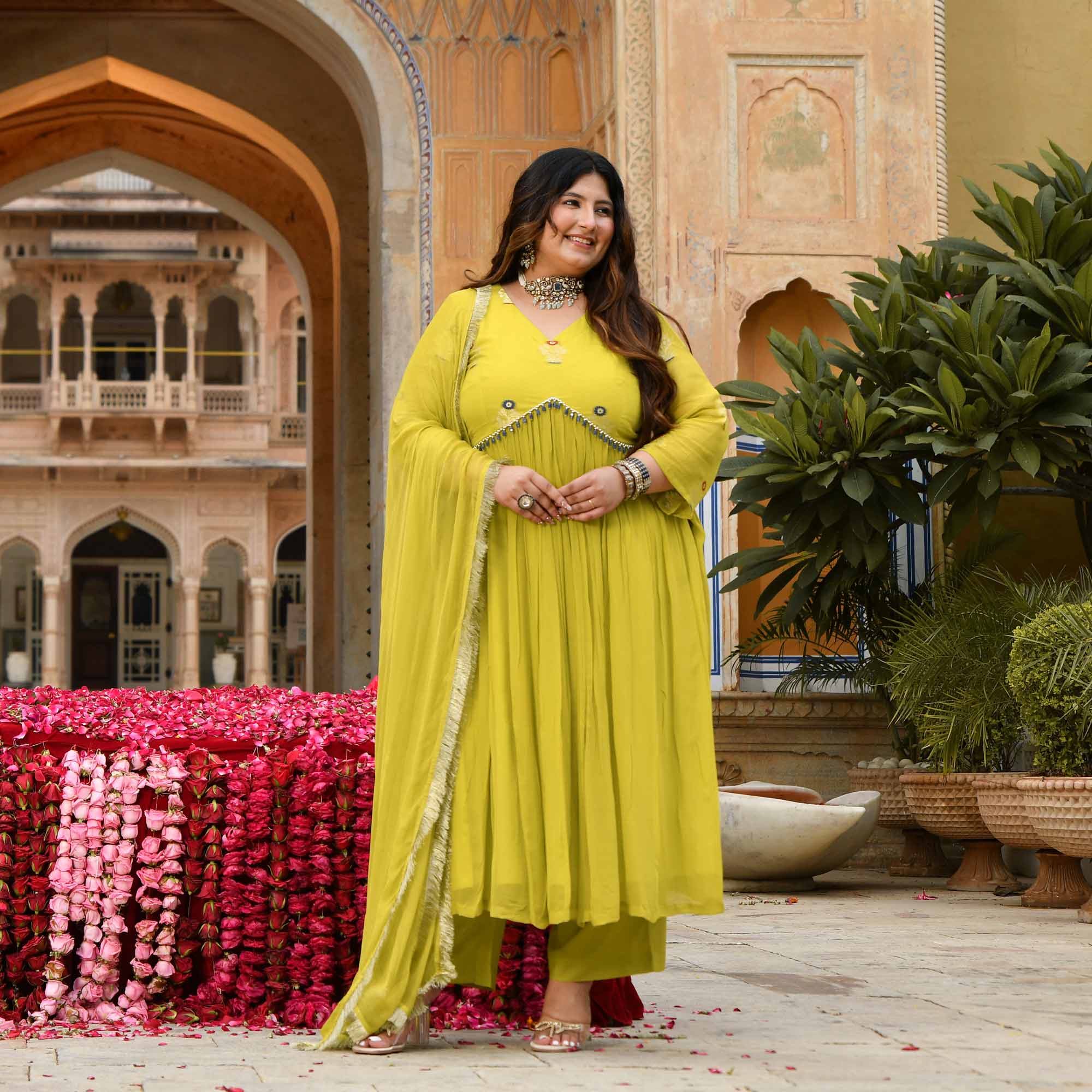 Jhoomar - Lime Green Banarasi Pure Georgette Alia Cut Suit Set