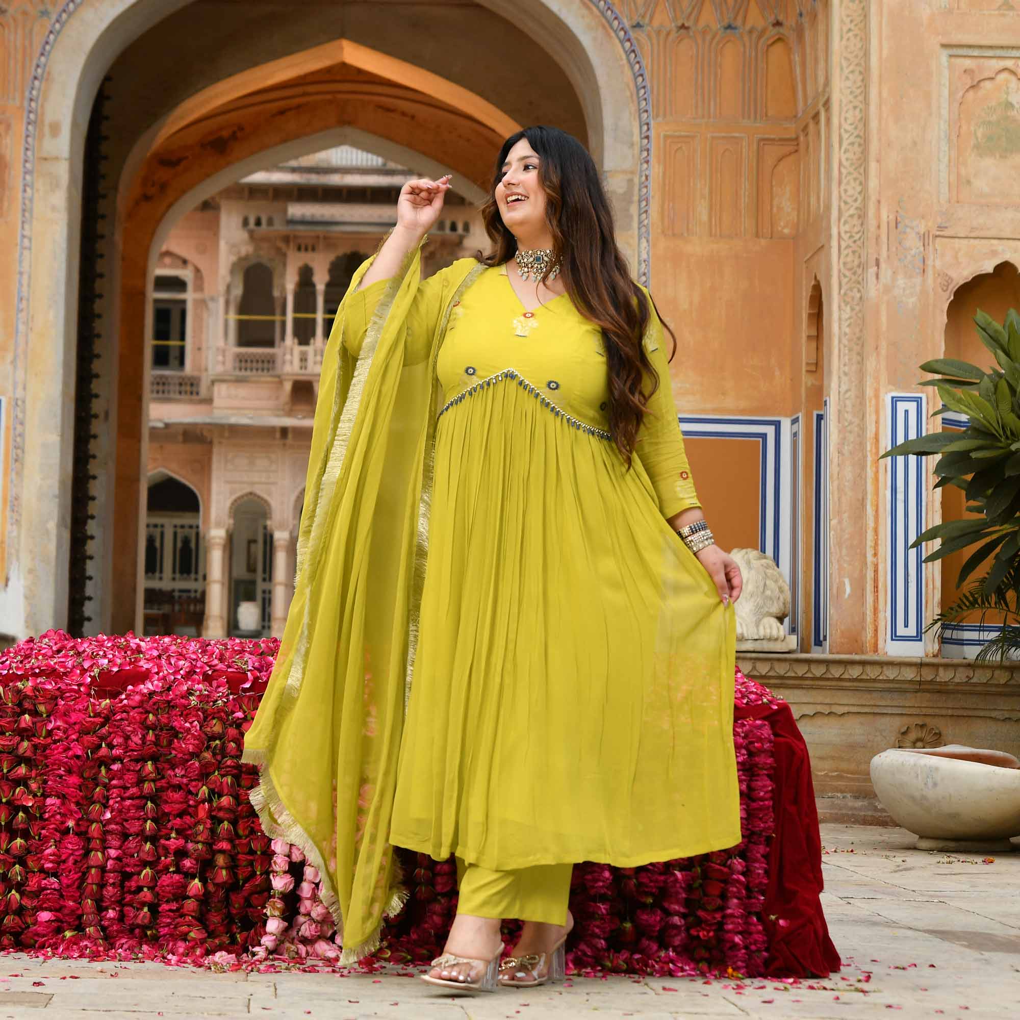 Jhoomar - Lime Green Banarasi Pure Georgette Alia Cut Suit Set