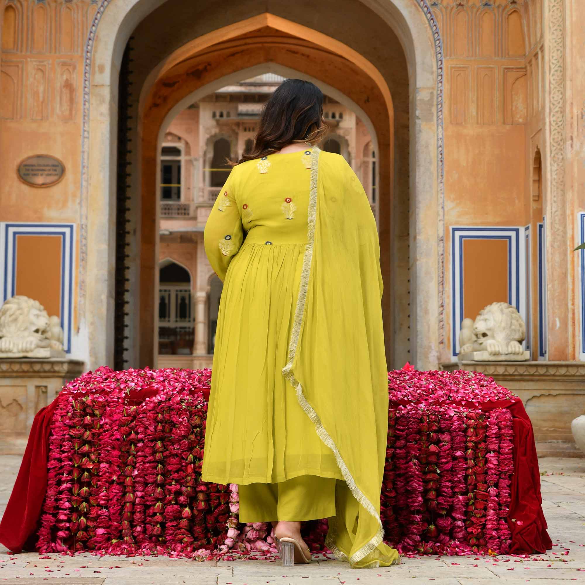 Jhoomar - Lime Green Banarasi Pure Georgette Alia Cut Suit Set