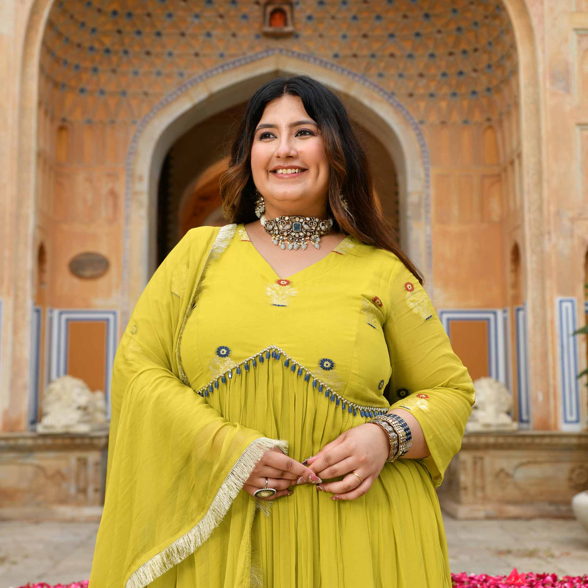 Jhoomar - Lime Green Banarasi Pure Georgette Alia Cut Suit Set