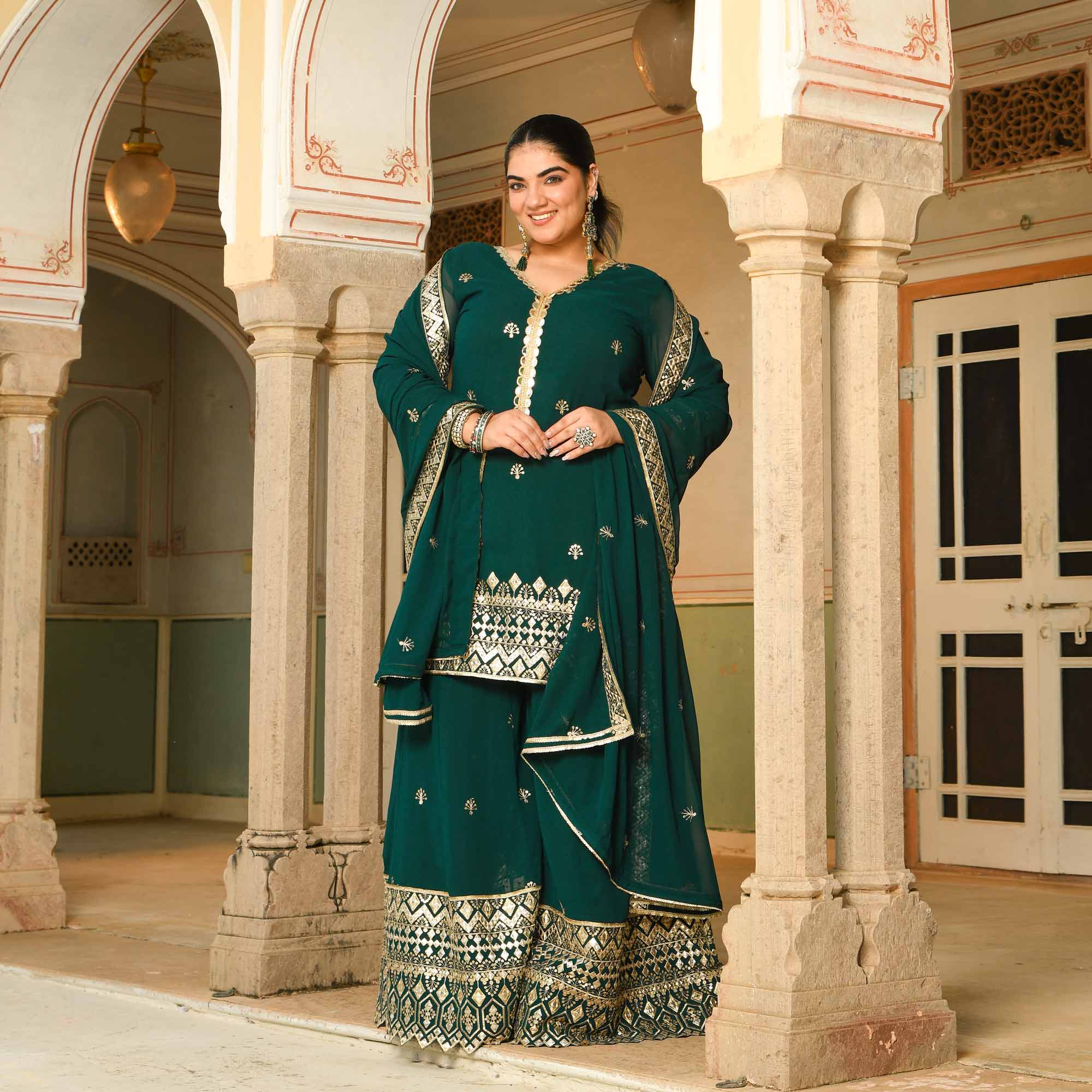 Rasmalai- Timber Green Embroidered Georgette Suit Set