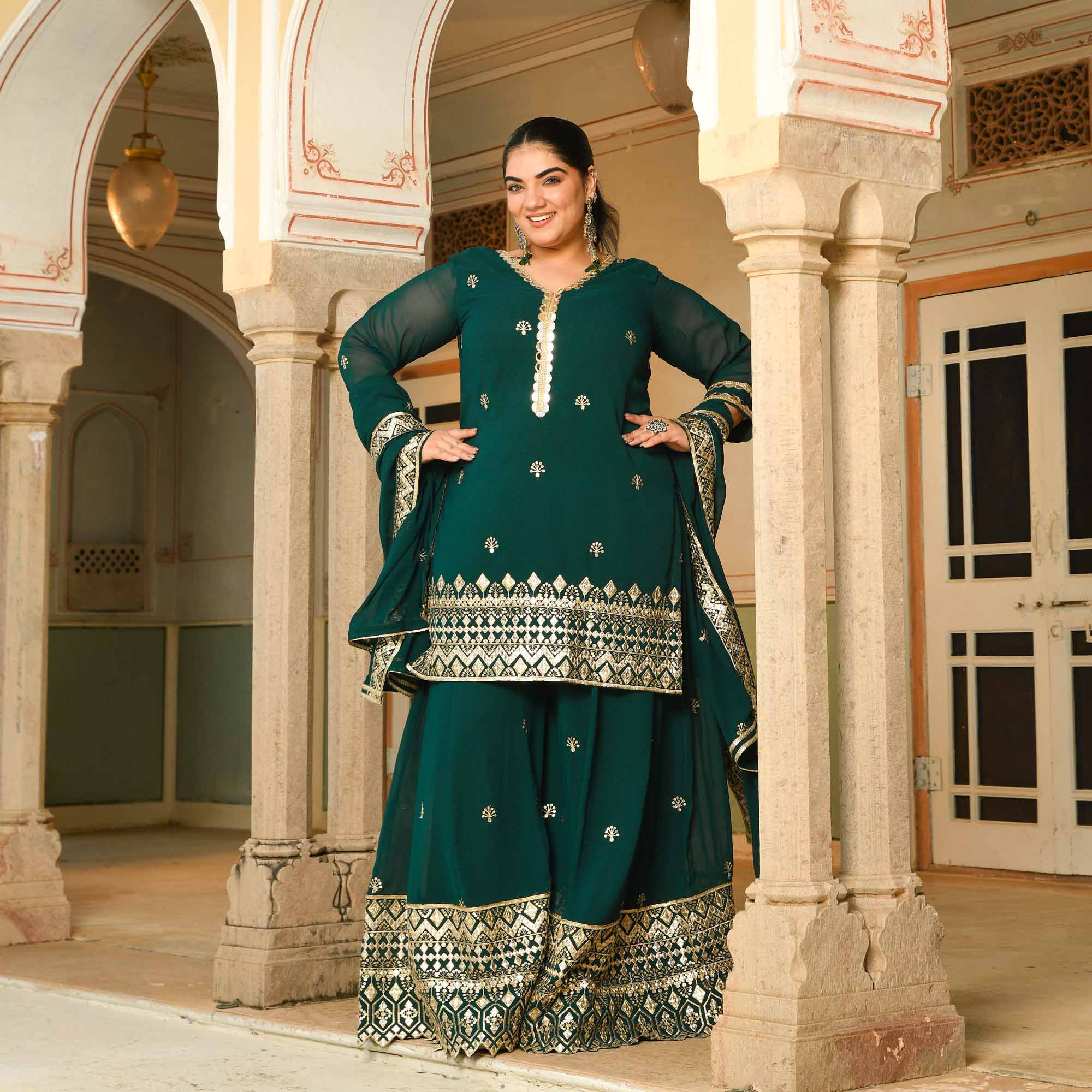 Rasmalai- Timber Green Embroidered Georgette Suit Set