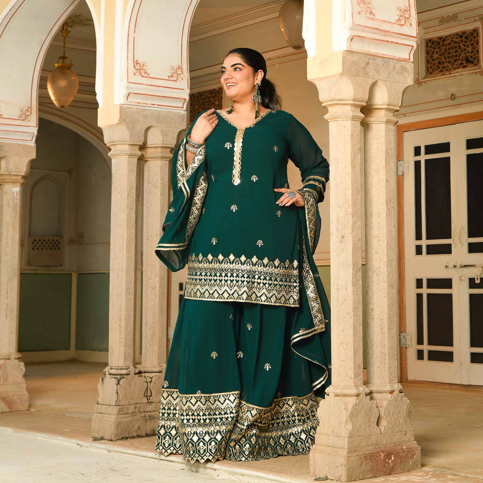 Rasmalai- Timber Green Embroidered Georgette Suit Set