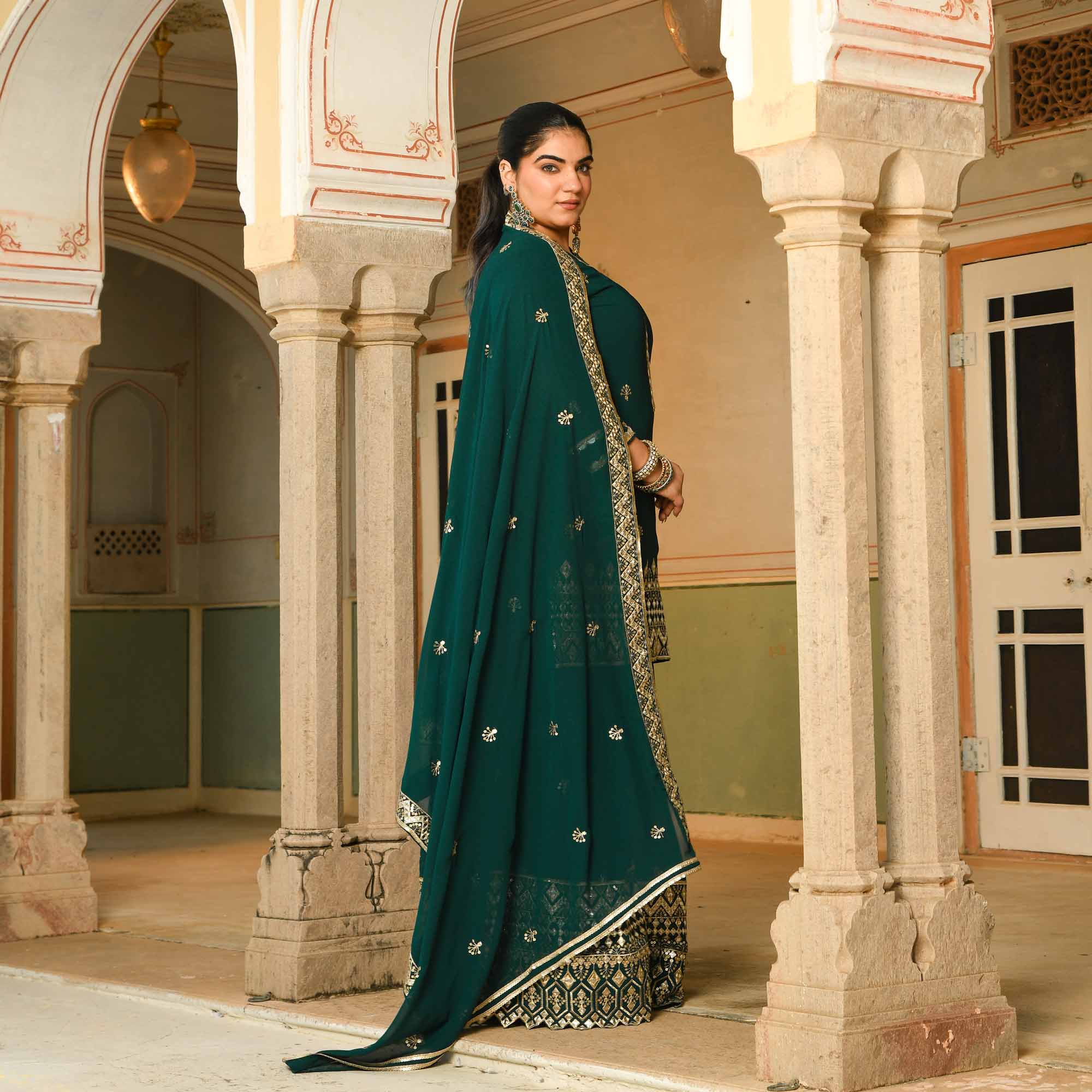 Rasmalai- Timber Green Embroidered Georgette Suit Set