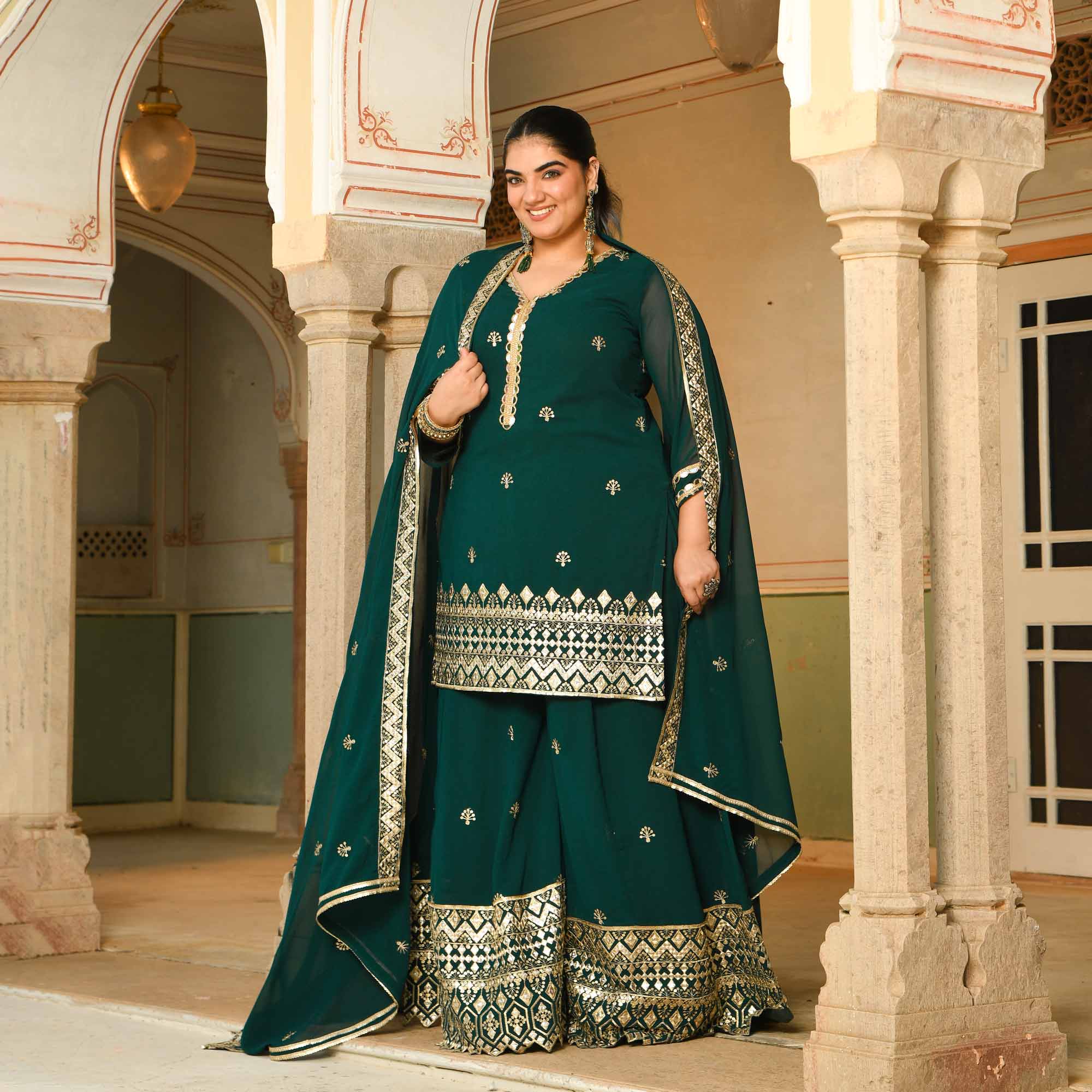 Rasmalai- Timber Green Embroidered Georgette Suit Set