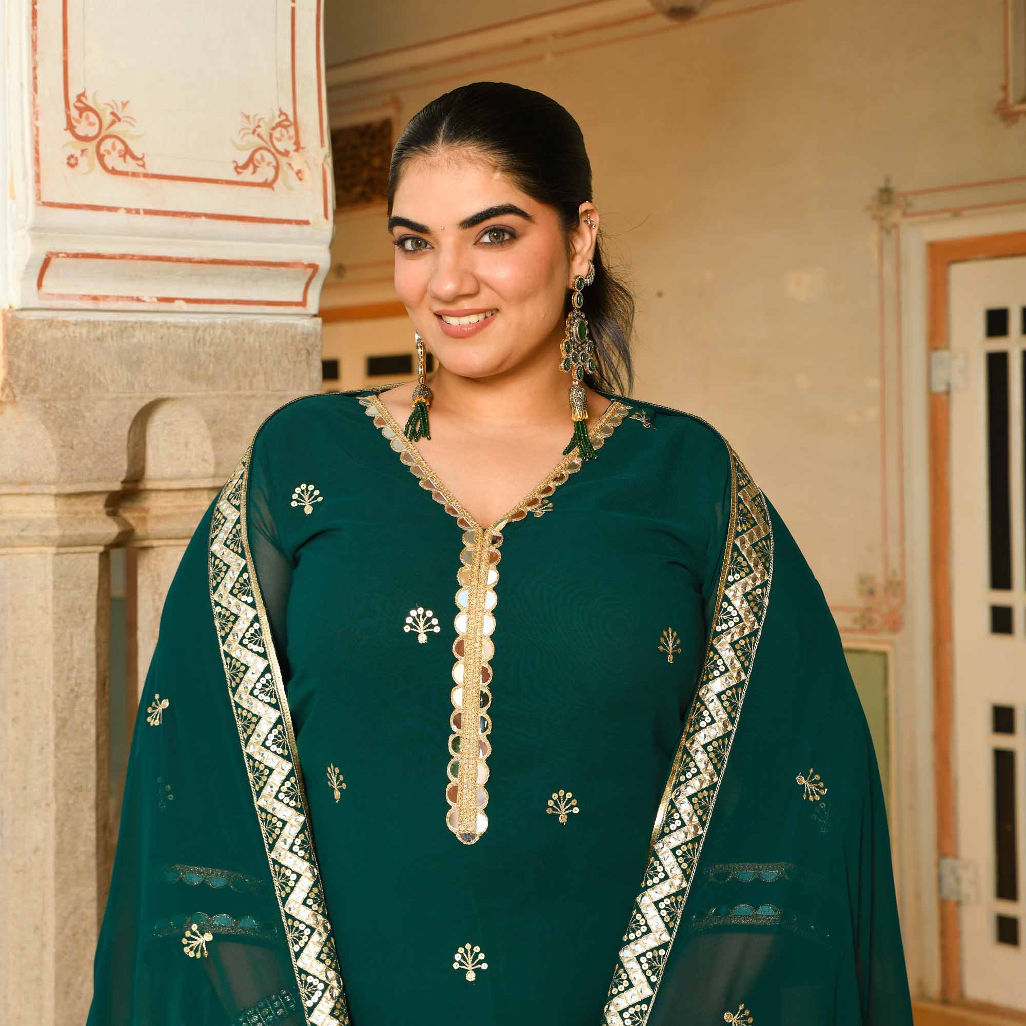Rasmalai- Timber Green Embroidered Georgette Suit Set