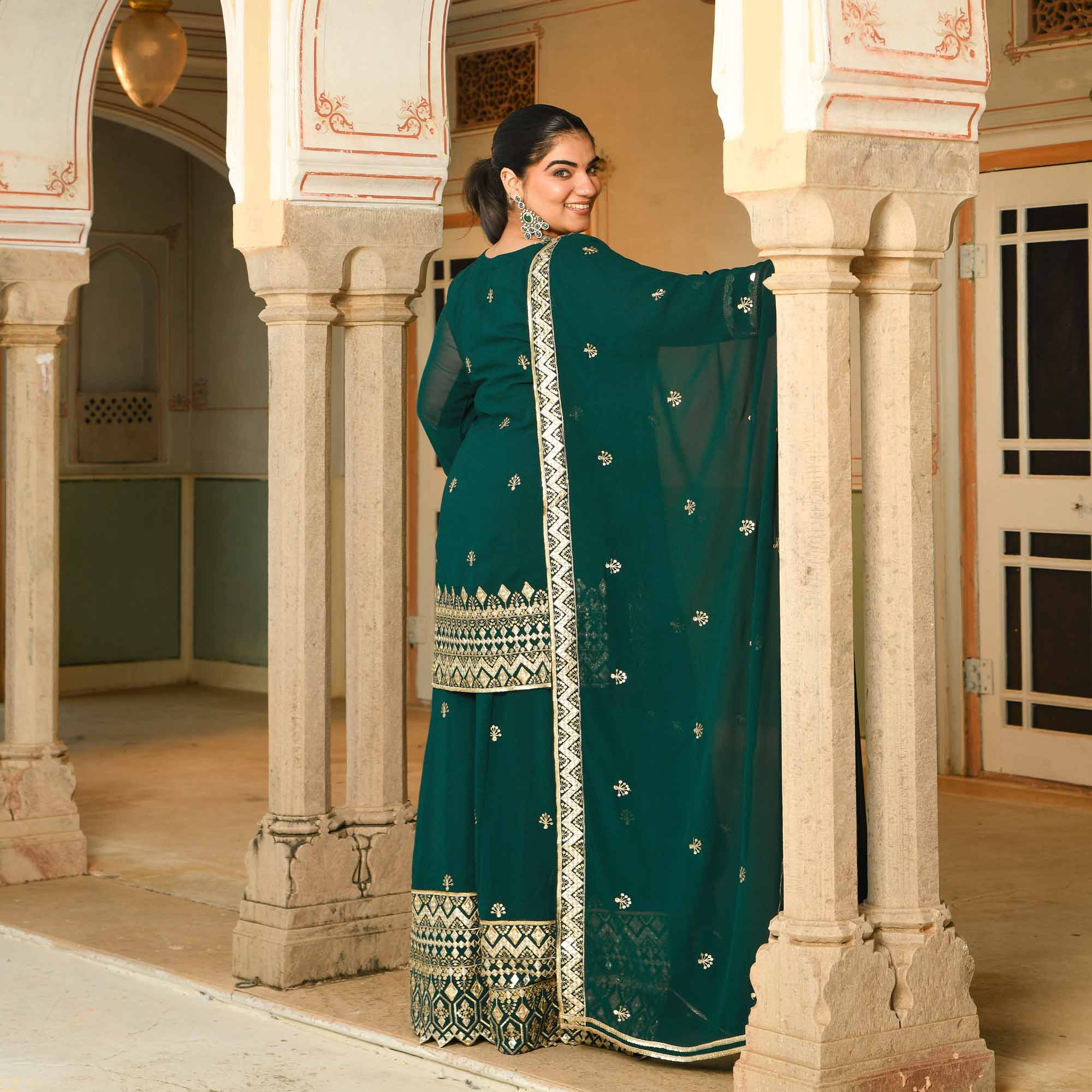 Rasmalai- Timber Green Embroidered Georgette Suit Set