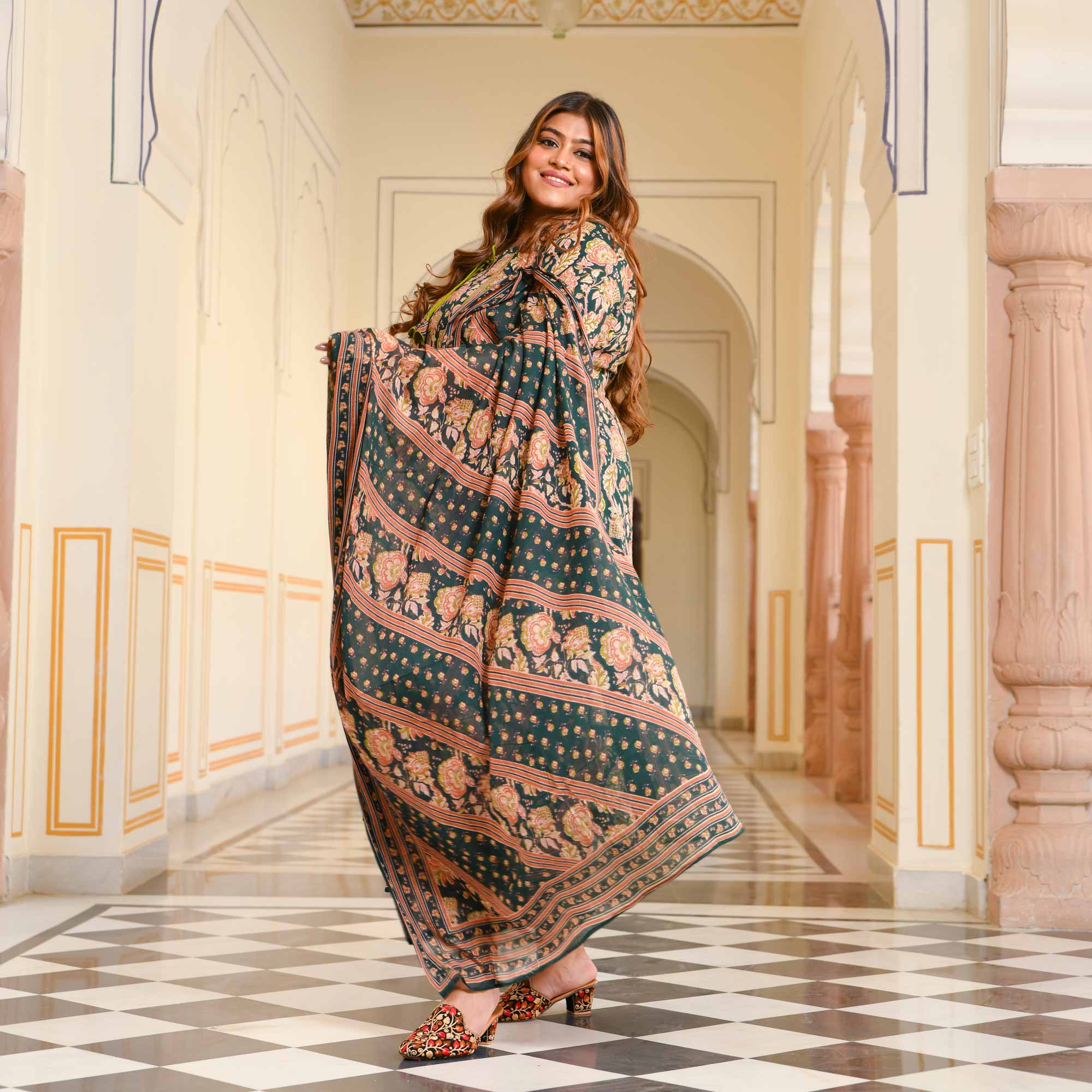 Jade & Peach Floral Cotton Suit Set