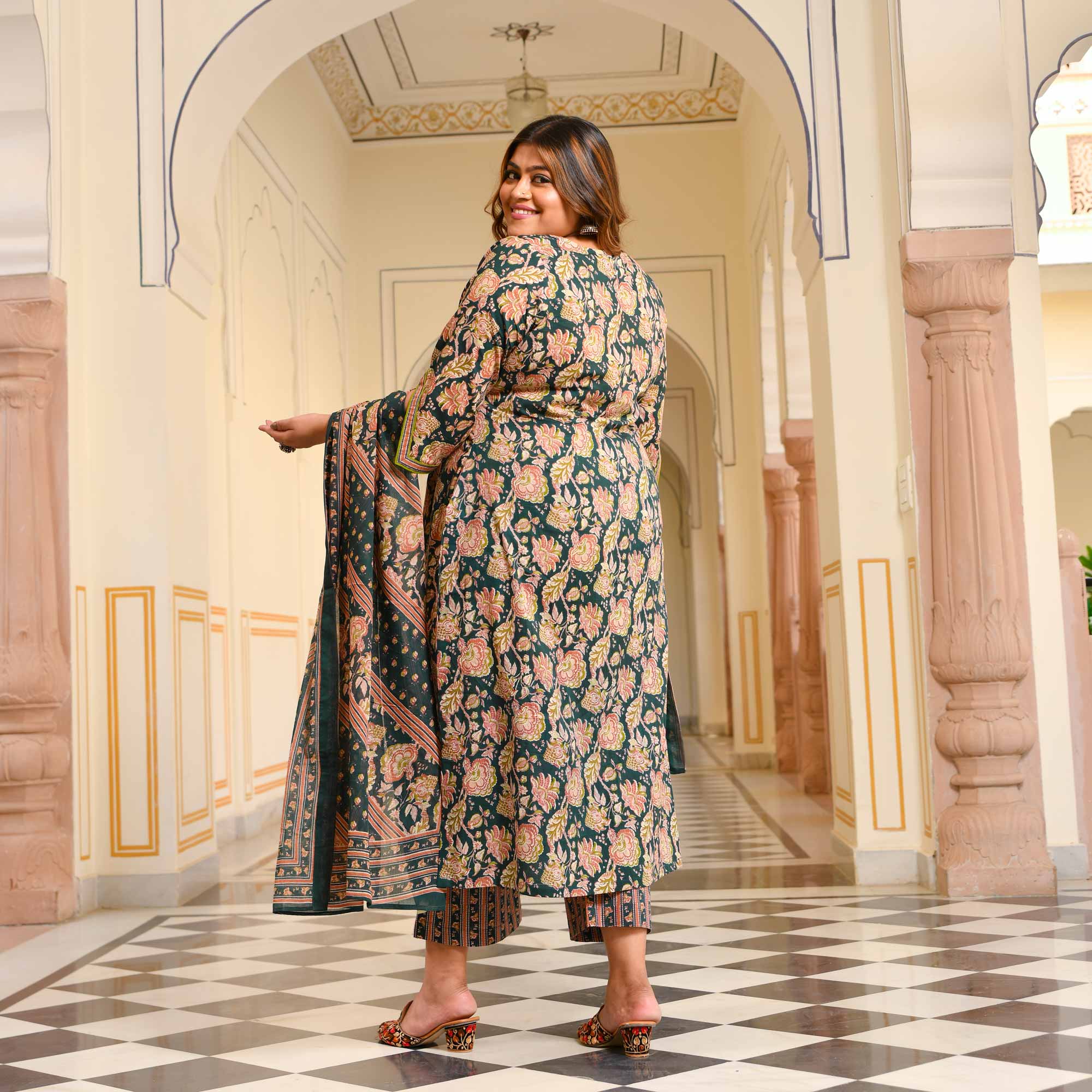 Jade & Peach Floral Cotton Suit Set