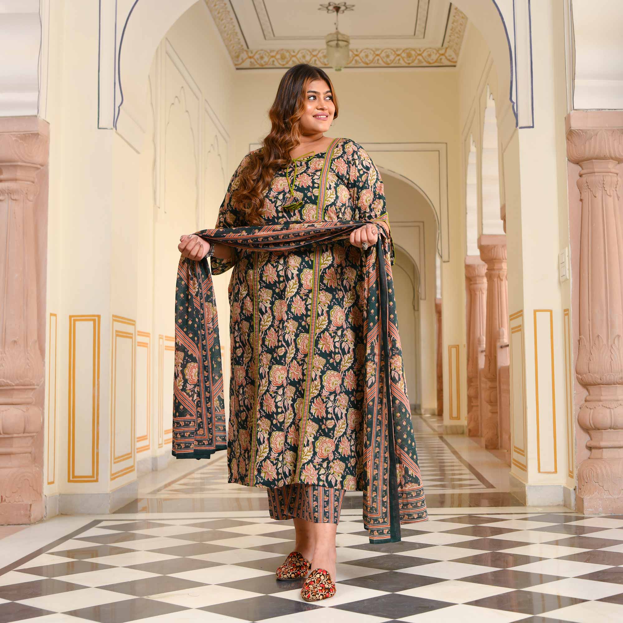 Jade & Peach Floral Cotton Suit Set