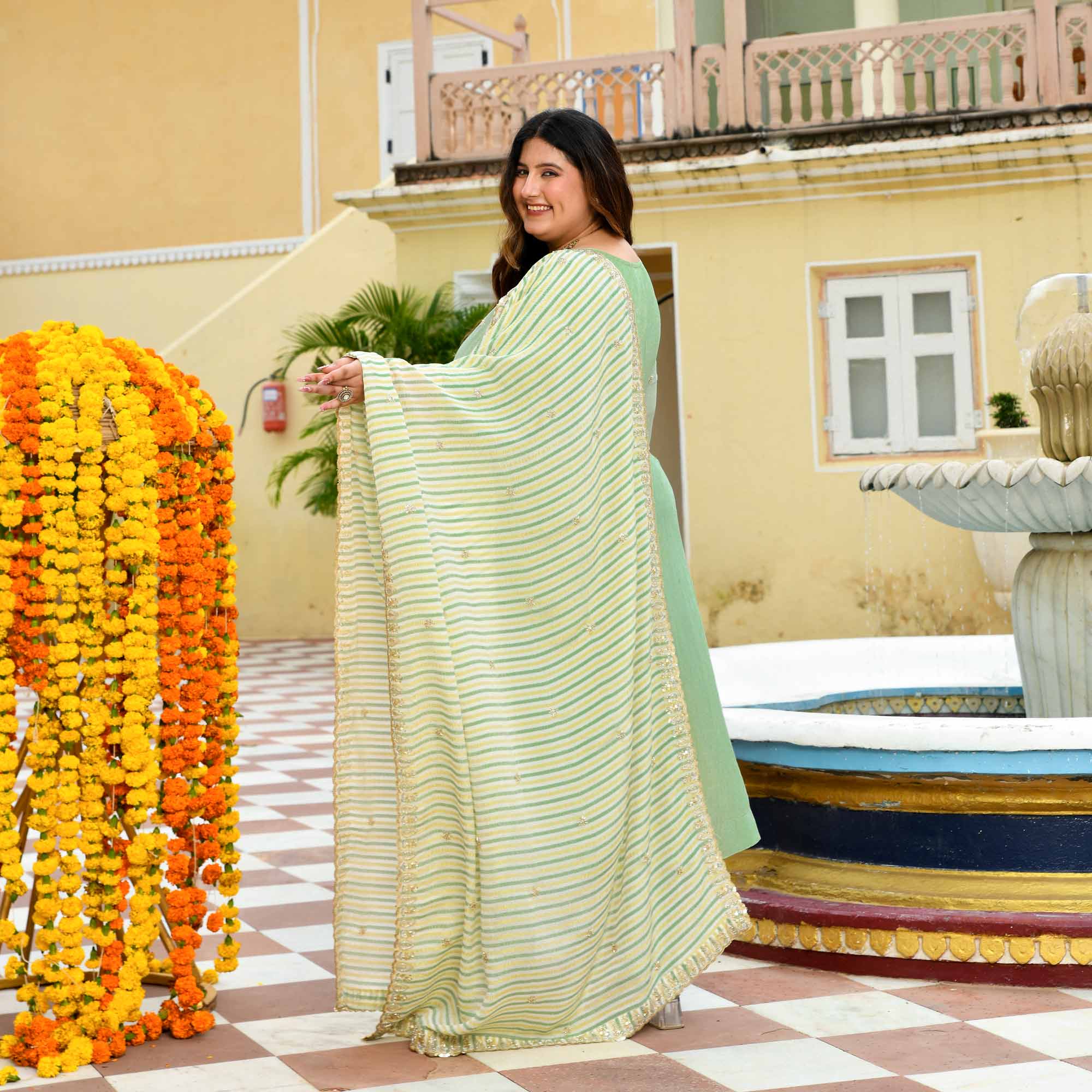 Mrinal - Mint Green Pure Viscose Tissue Crush Cutdana Embroidered Suit Set