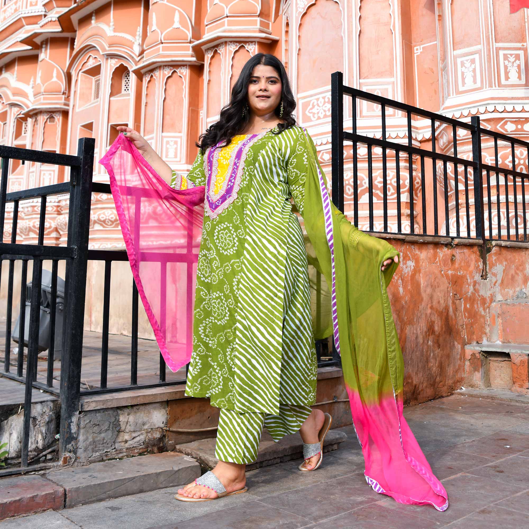 Saanjh - Green Bandhani Cotton Gota Suit Set