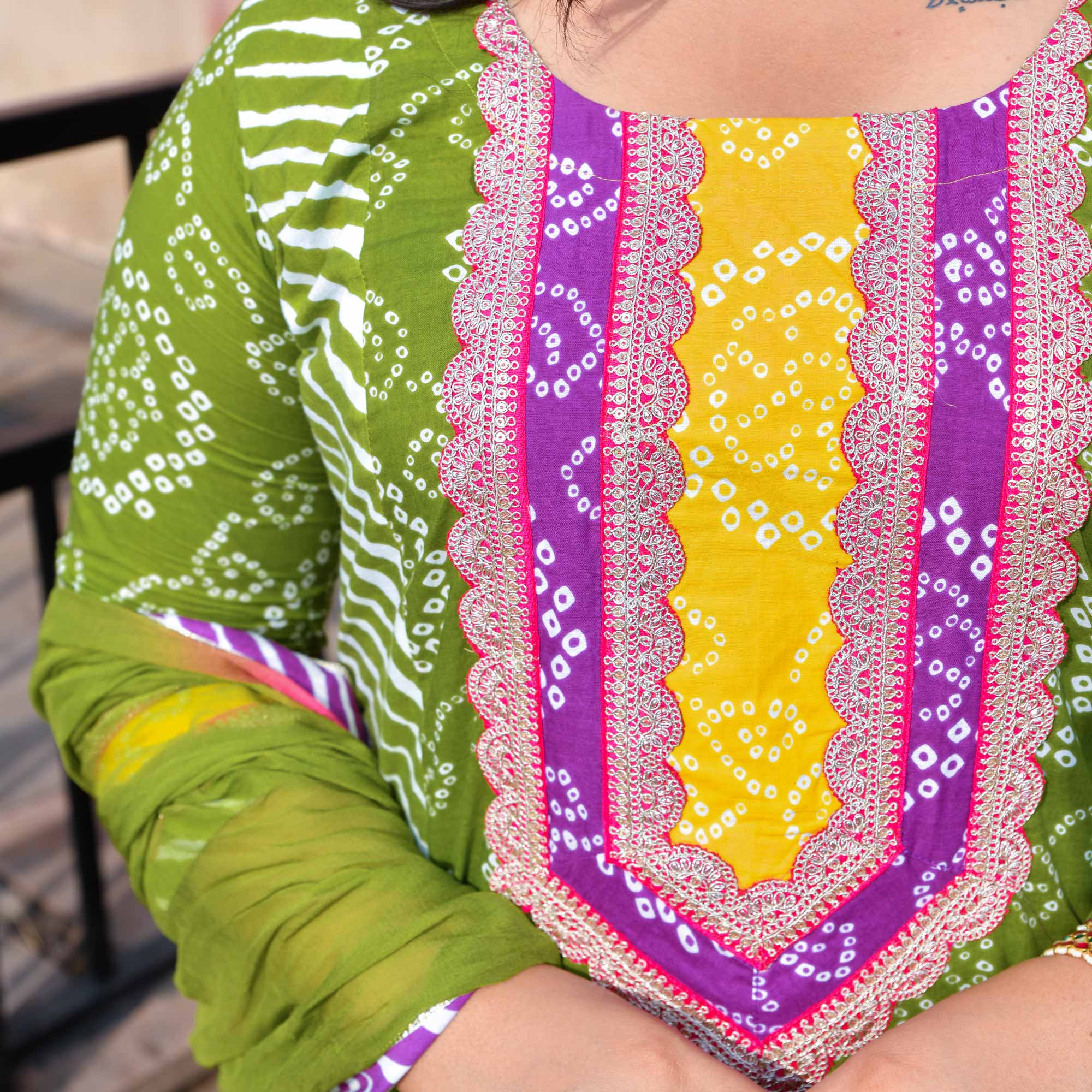 Saanjh - Green Bandhani Cotton Gota Kurta