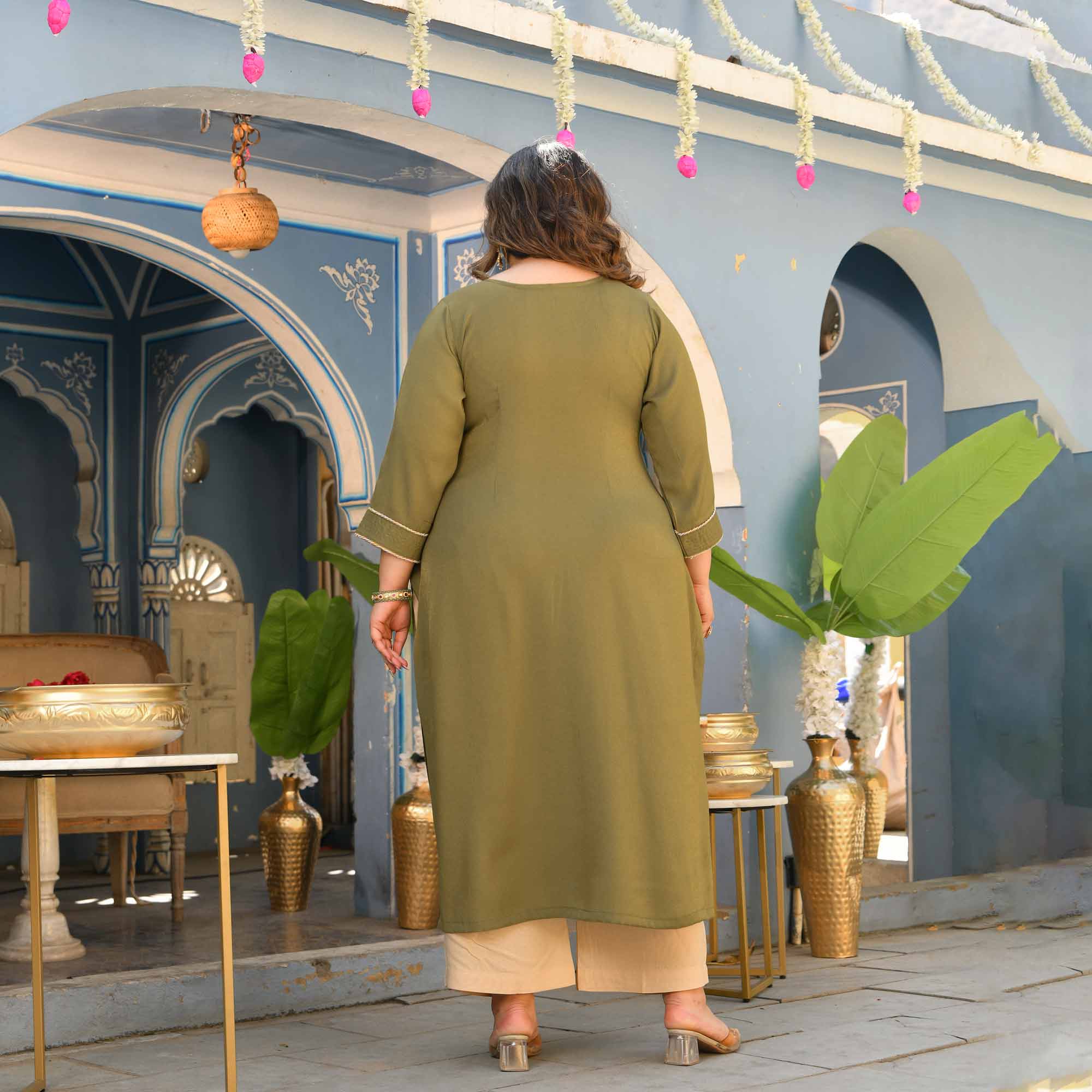 Tulsi- Olive Green Viscose Tissue A-line Pleated Kurta