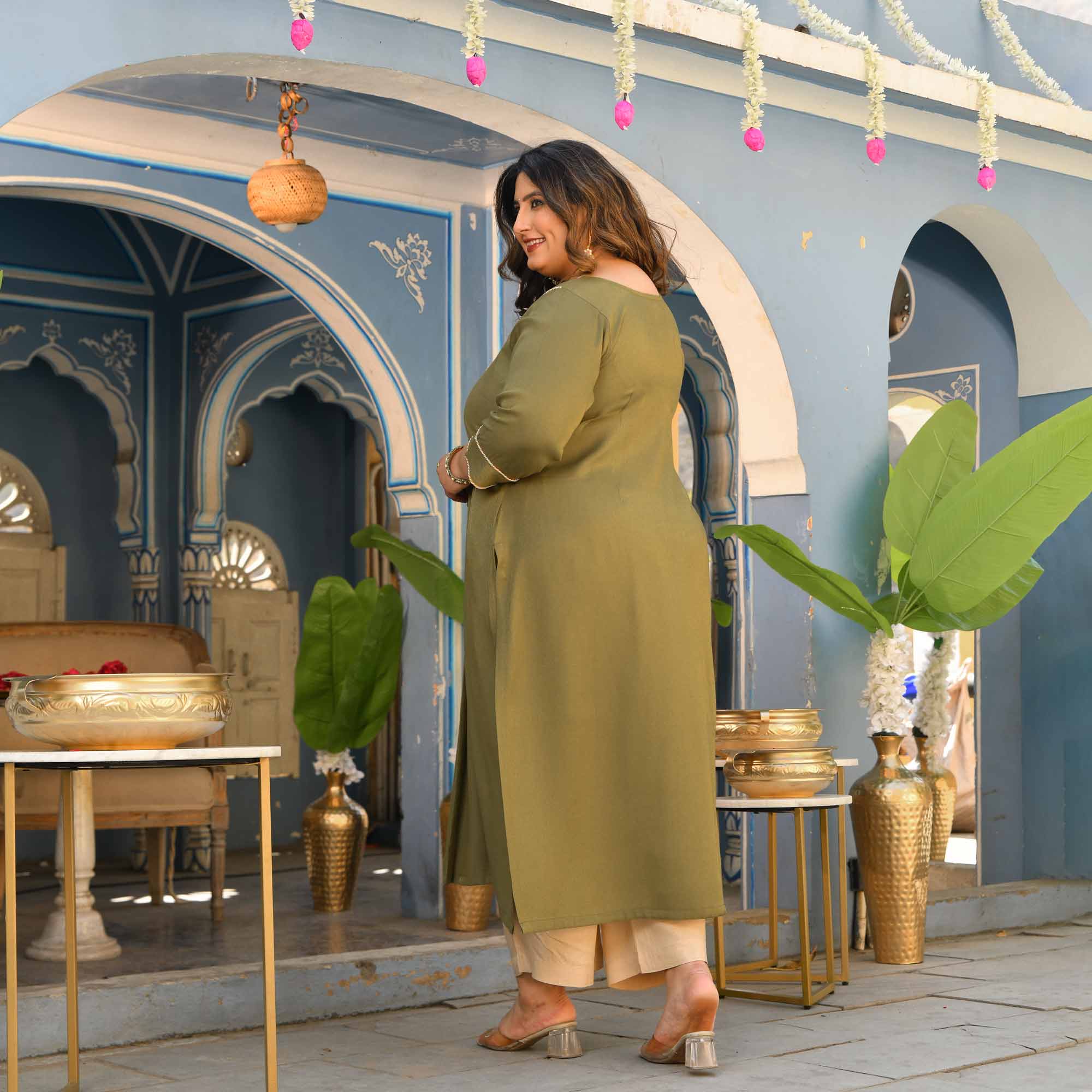 Tulsi- Olive Green Viscose Tissue A-line Pleated Kurta