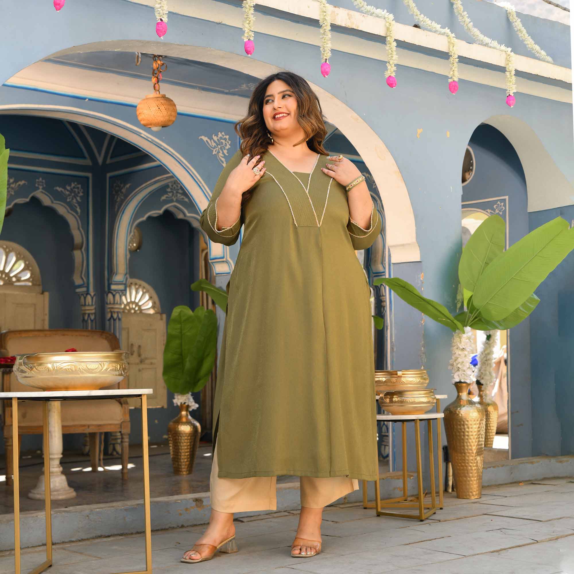Tulsi- Olive Green Viscose Tissue A-line Pleated Kurta