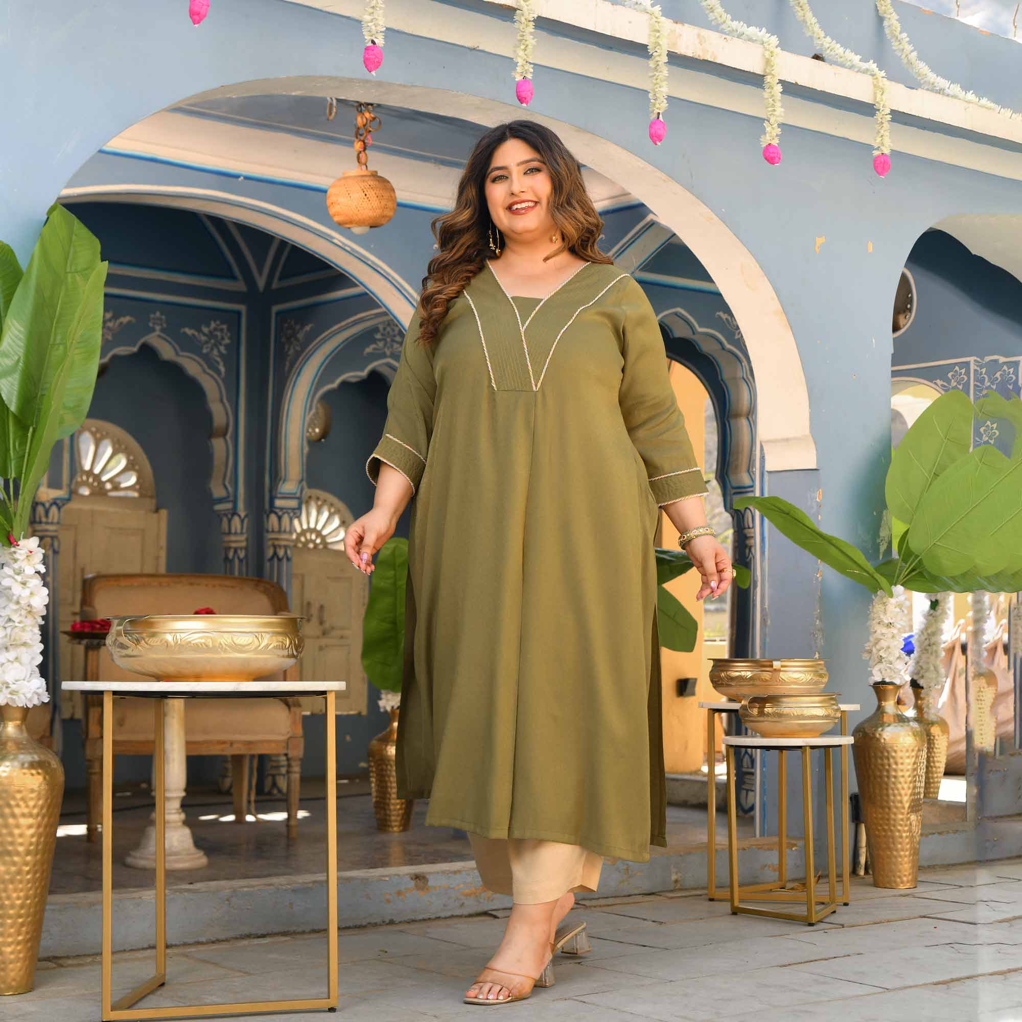 Tulsi- Olive Green Viscose Tissue A-line Pleated Kurta