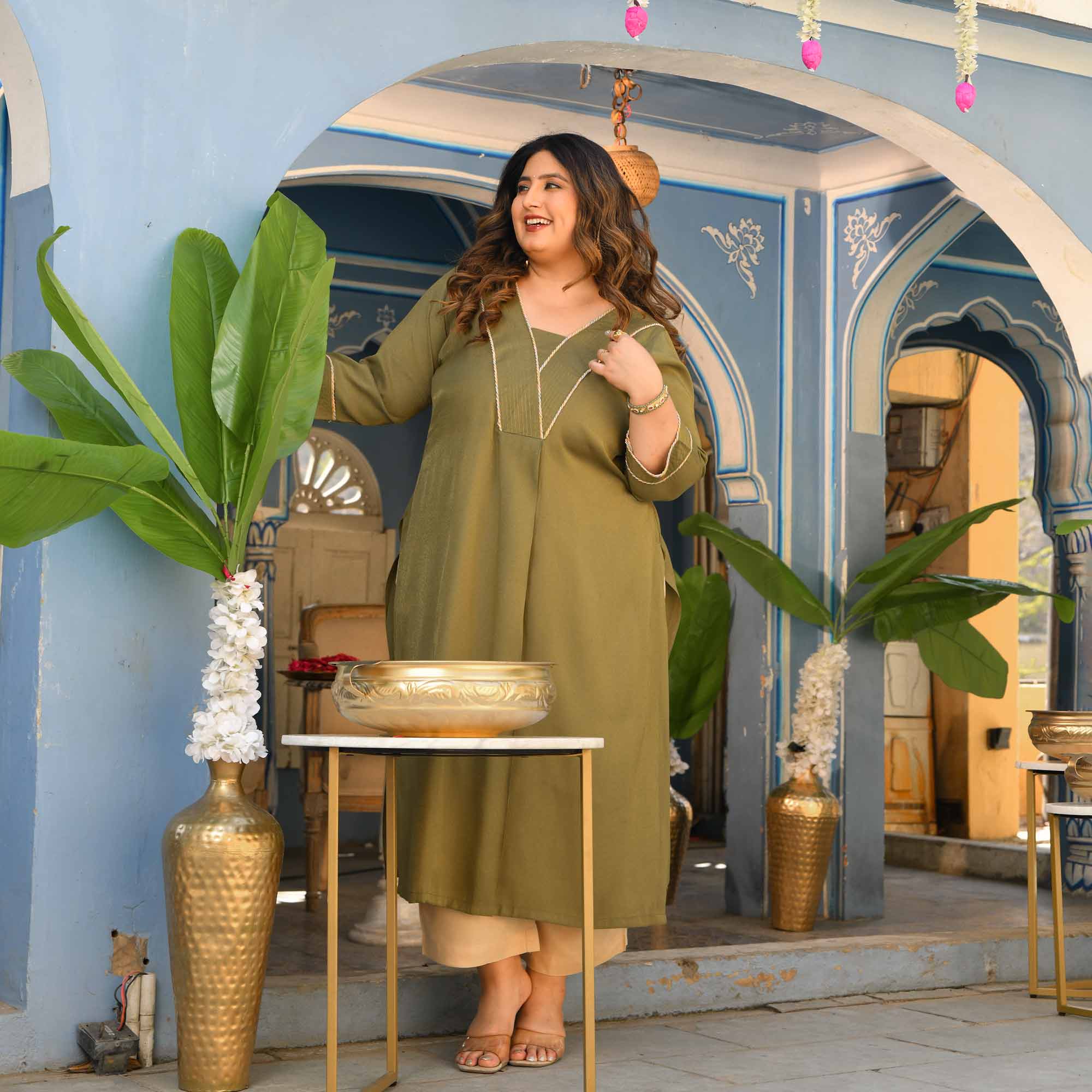 Tulsi- Olive Green Viscose Tissue A-line Pleated Kurta