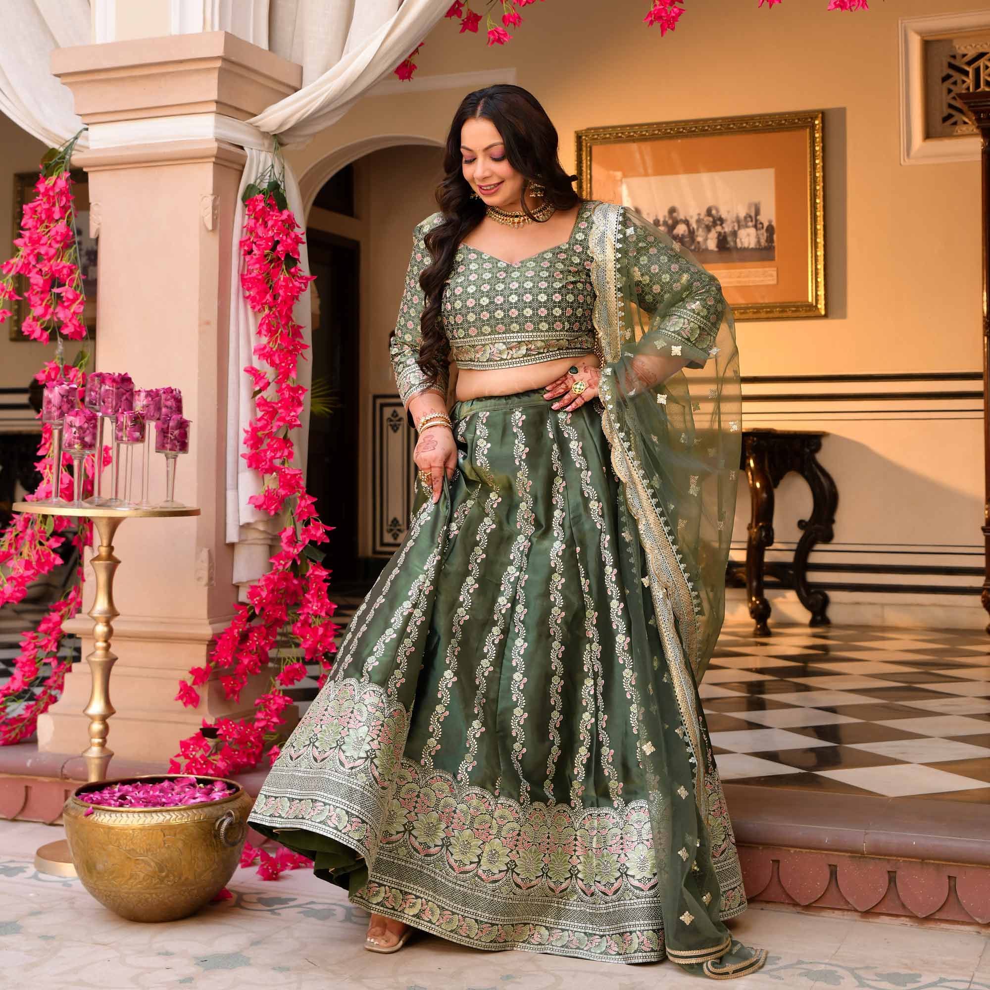 Shyama - Greenish Teal Fusion Lehenga Set