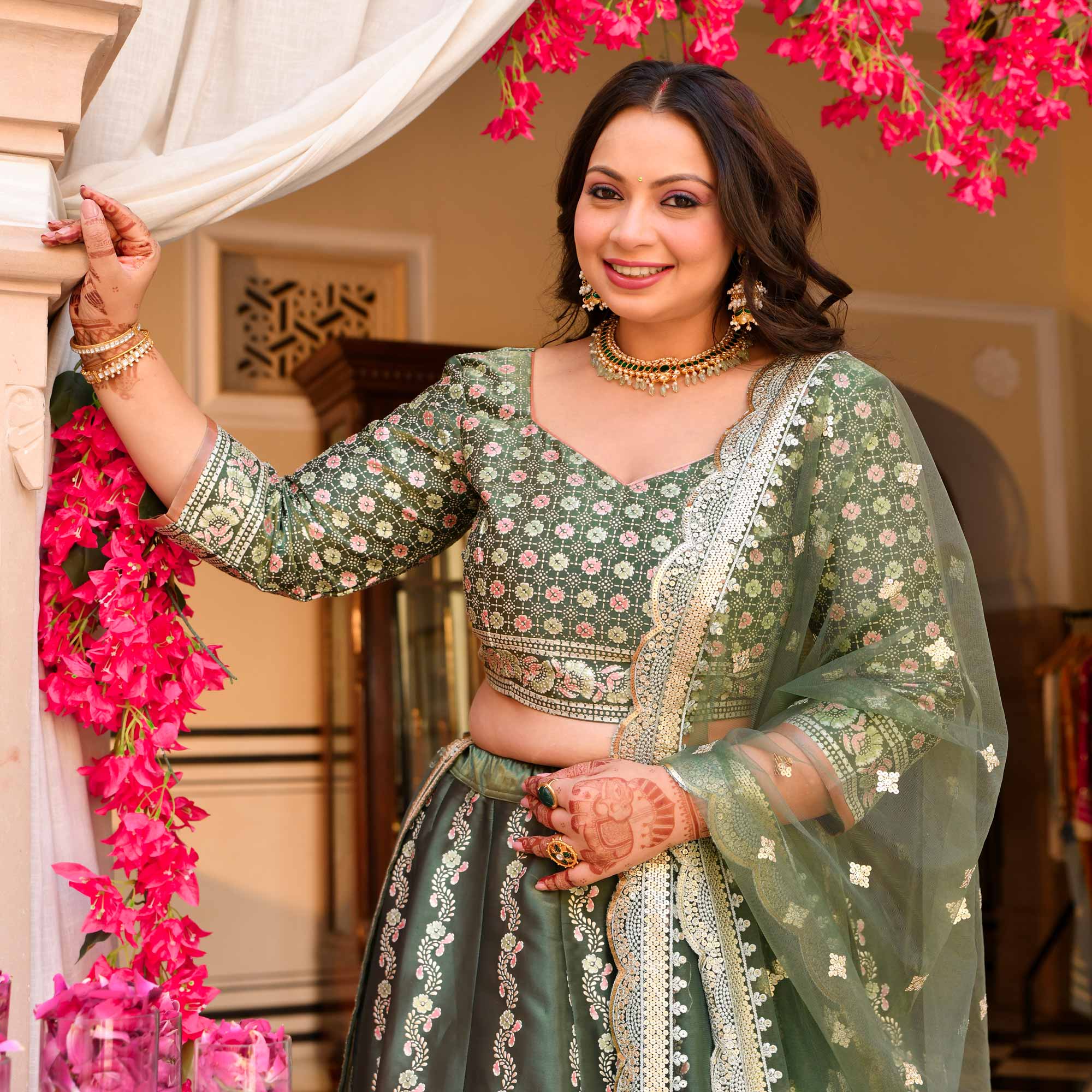 Shyama - Greenish Teal Fusion Lehenga Set