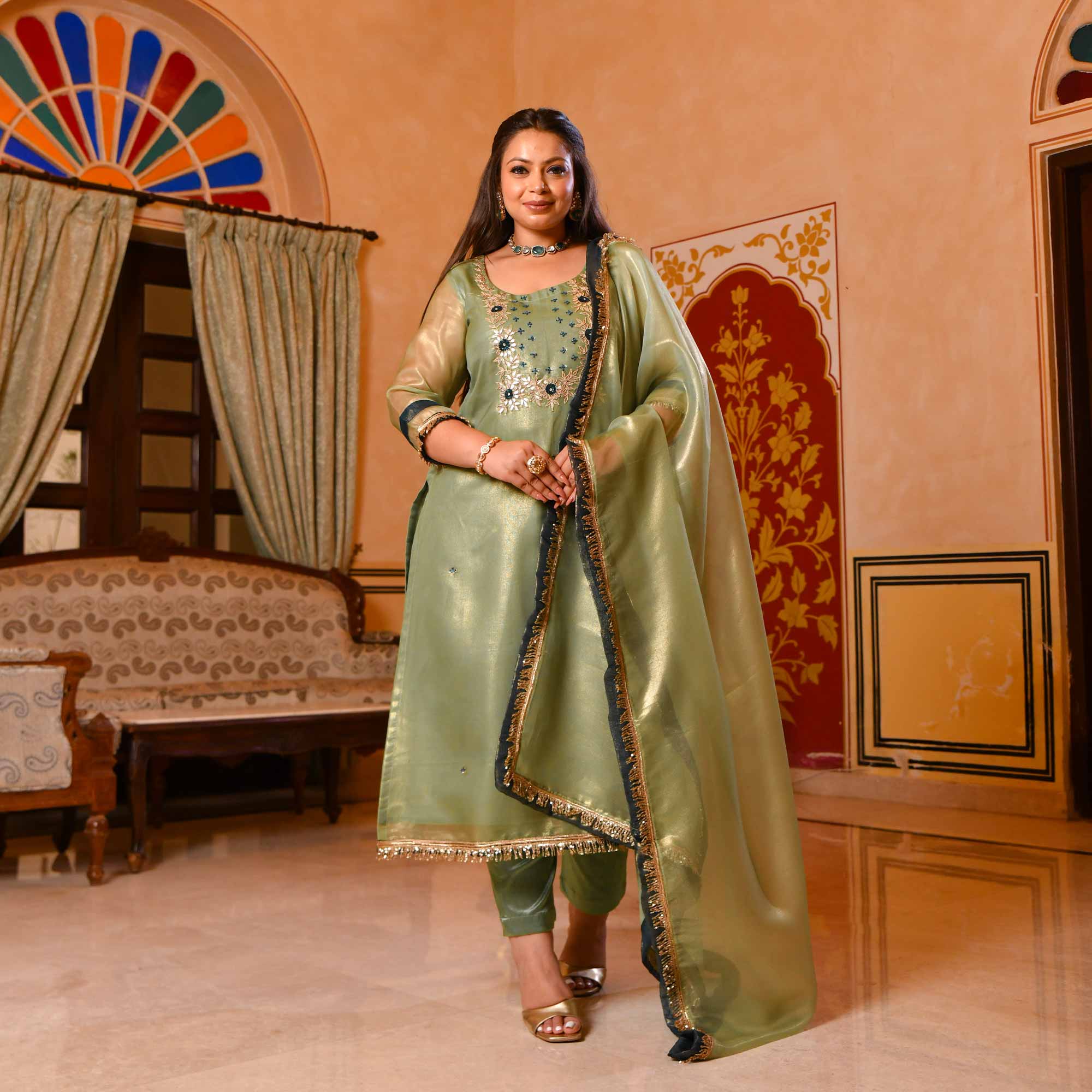 Pista Petal Glitz Tissue Gota Patti Suit Set