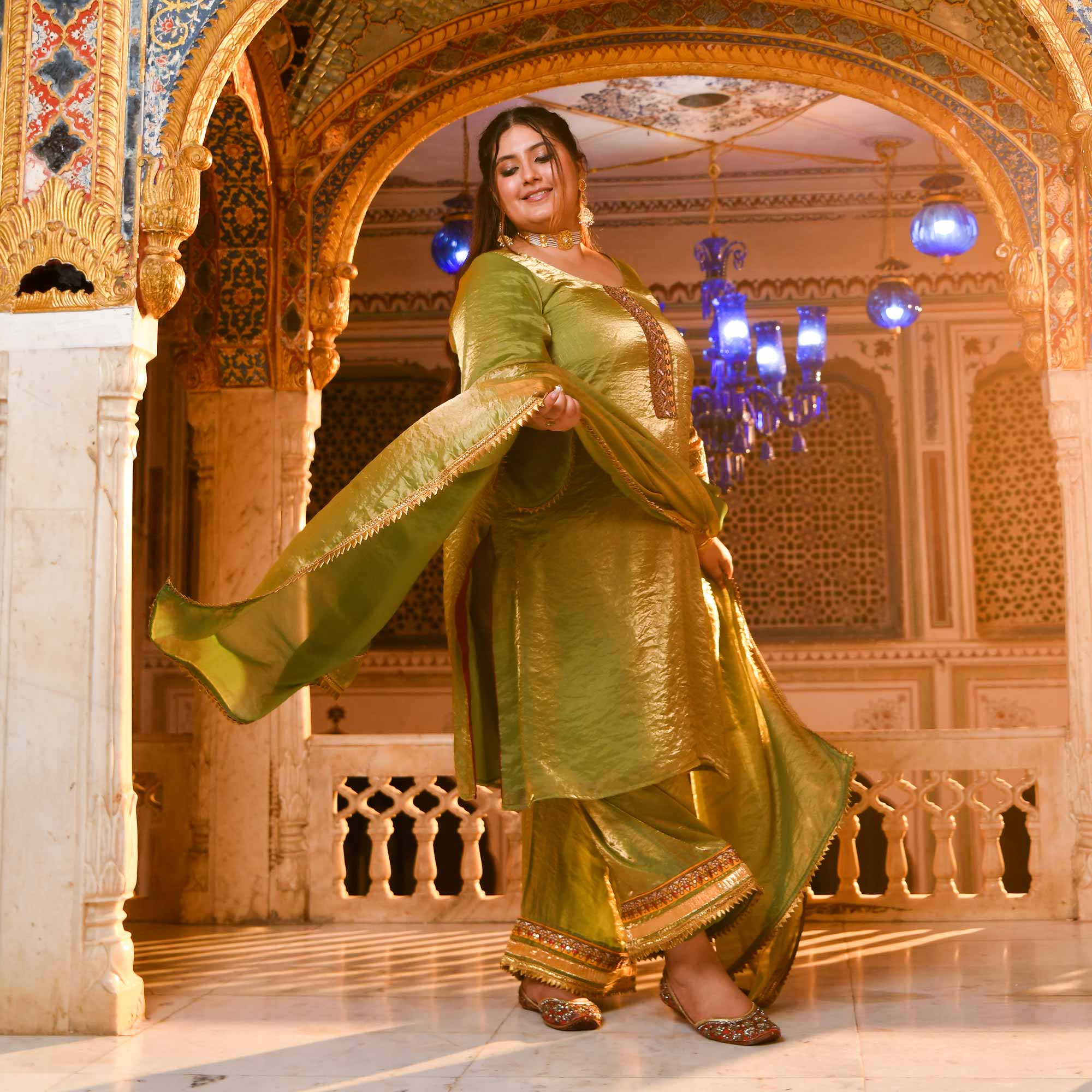 Jagmag Aaina- Mehendi Green Tissue Silk Mirror Embroidered Suit Set