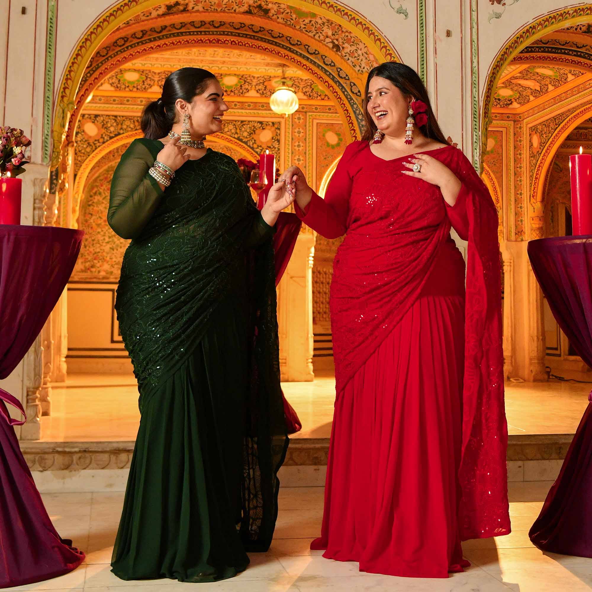 Darling- Red Georgette Cutdana Embroidered Drape Saree Set