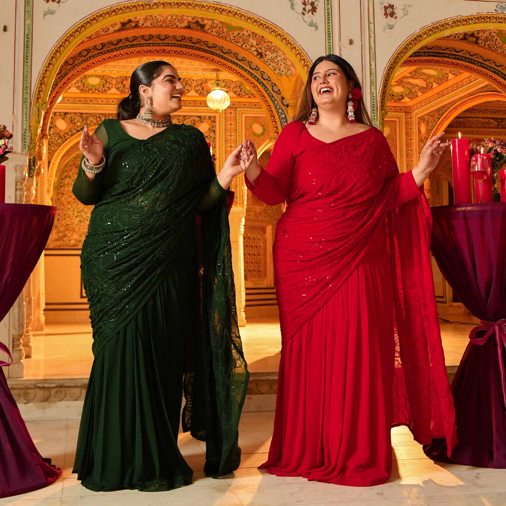 Darling- Red Georgette Cutdana Embroidered Drape Saree Set