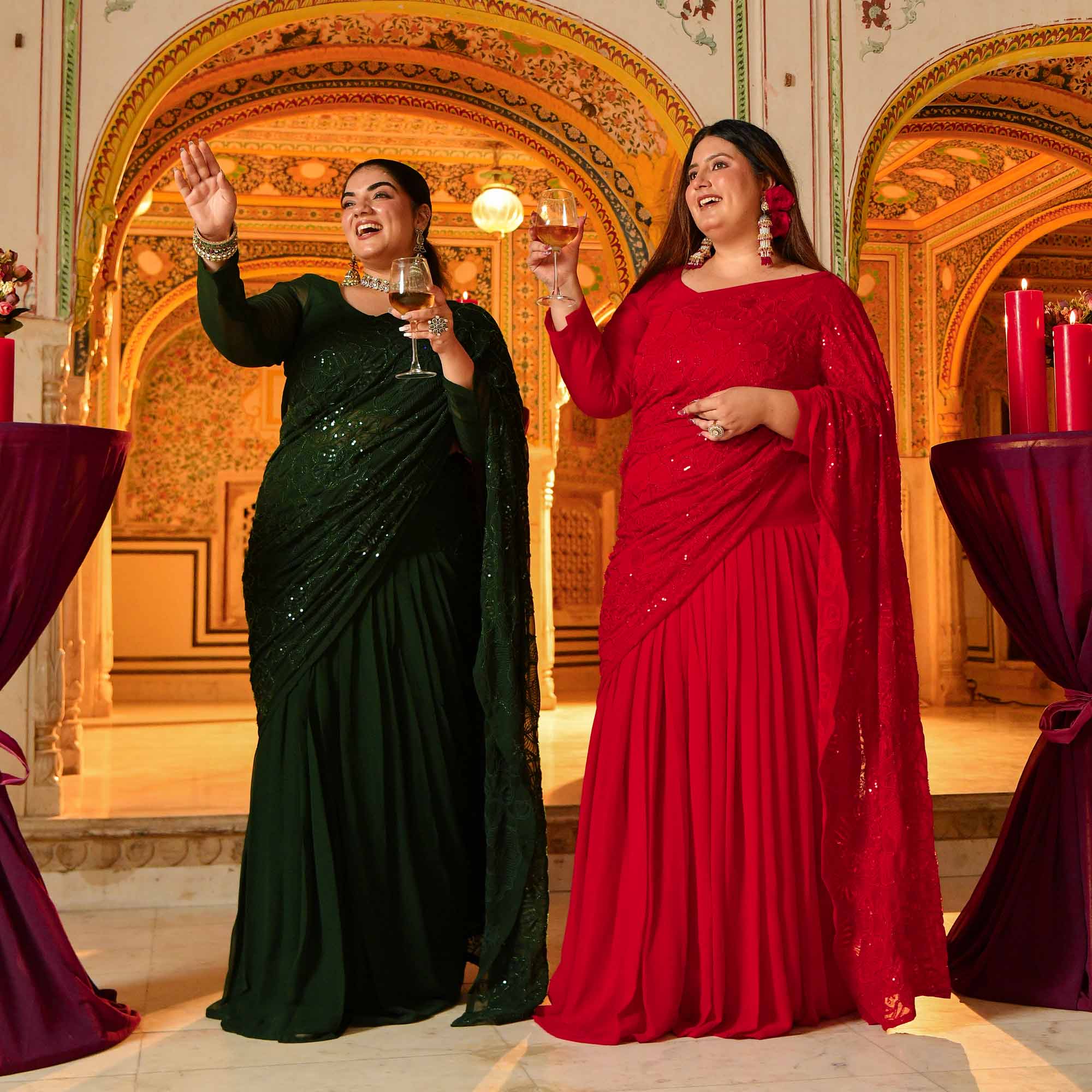 Darling- Red Georgette Cutdana Embroidered Drape Saree Set