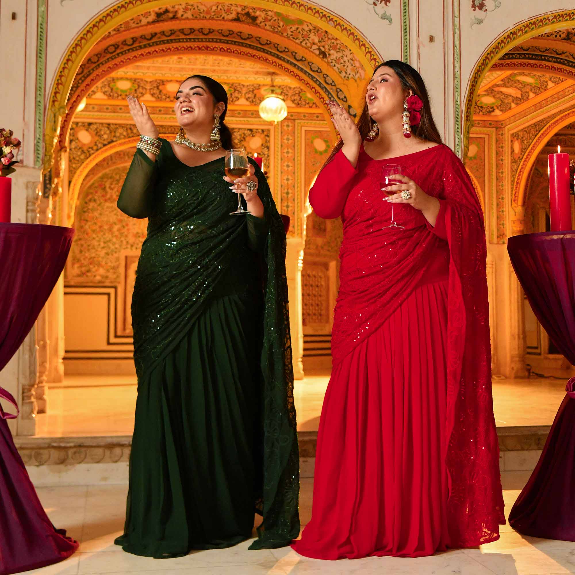 Olivia- Bottle Green Georgette Cutdana Embroidered Drape Saree Set