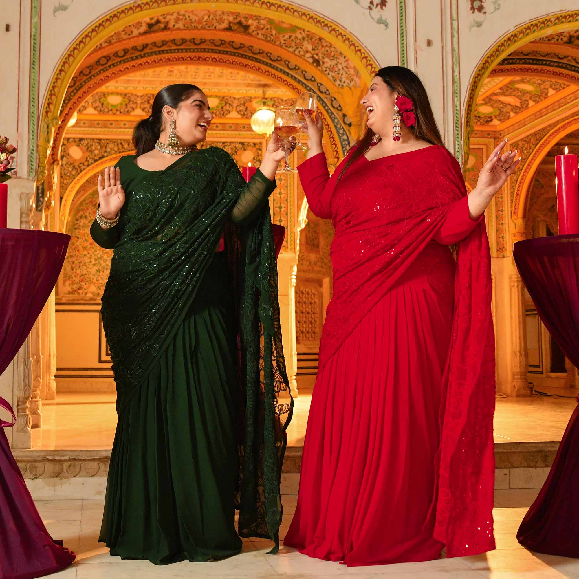 Olivia- Bottle Green Georgette Cutdana Embroidered Drape Saree Set